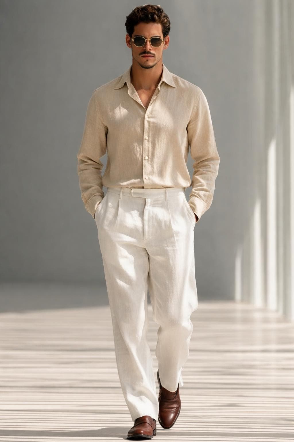 Men's Linen Outfit | Beige Shirt & White Trousers, Relaxed Fit