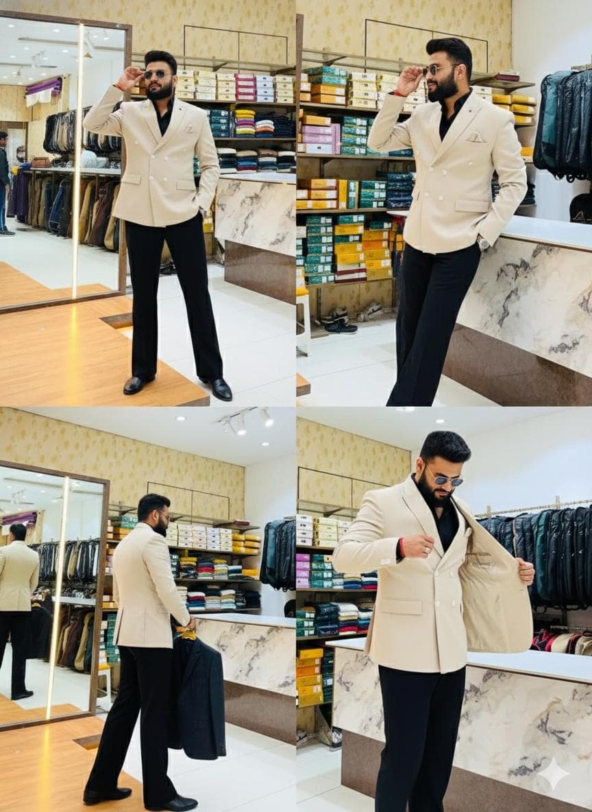 Men's Cream Double Breasted Blazer Set | Terry Rayon, Black Trousers - image 3