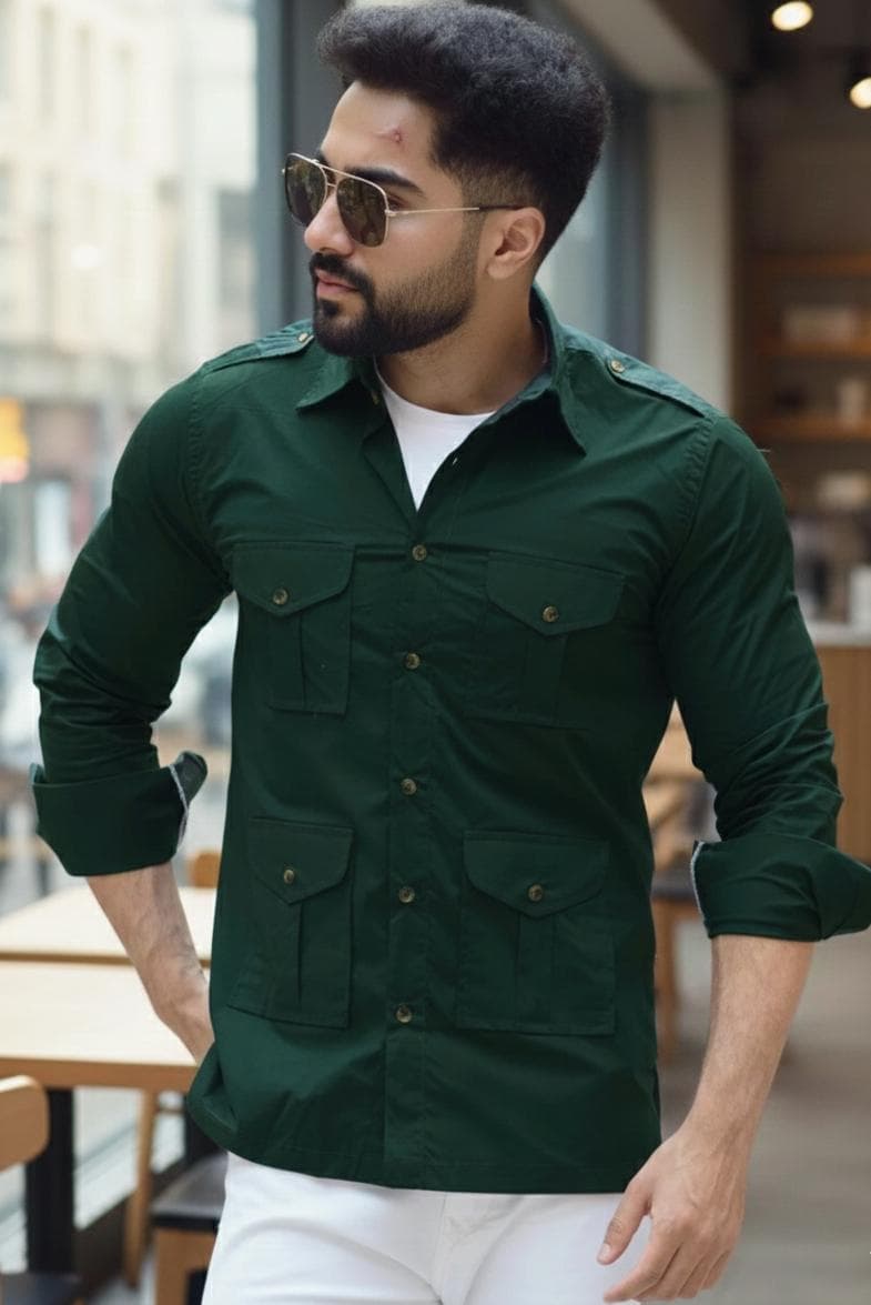Men's Dark Green Cotton Hunting Shirt | Outdoor Utility Wear