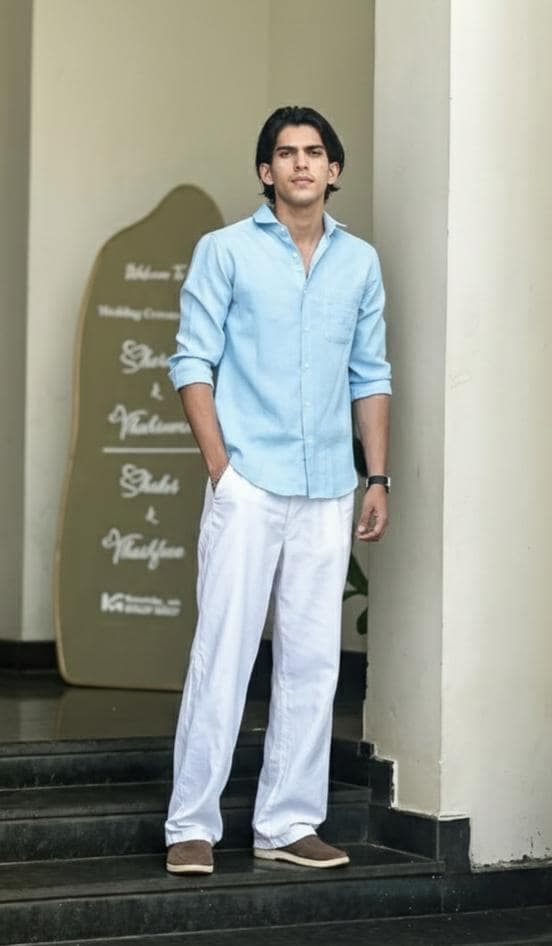 Sky Blue Shirt & White Trousers Outfit | Men's Partywear Set