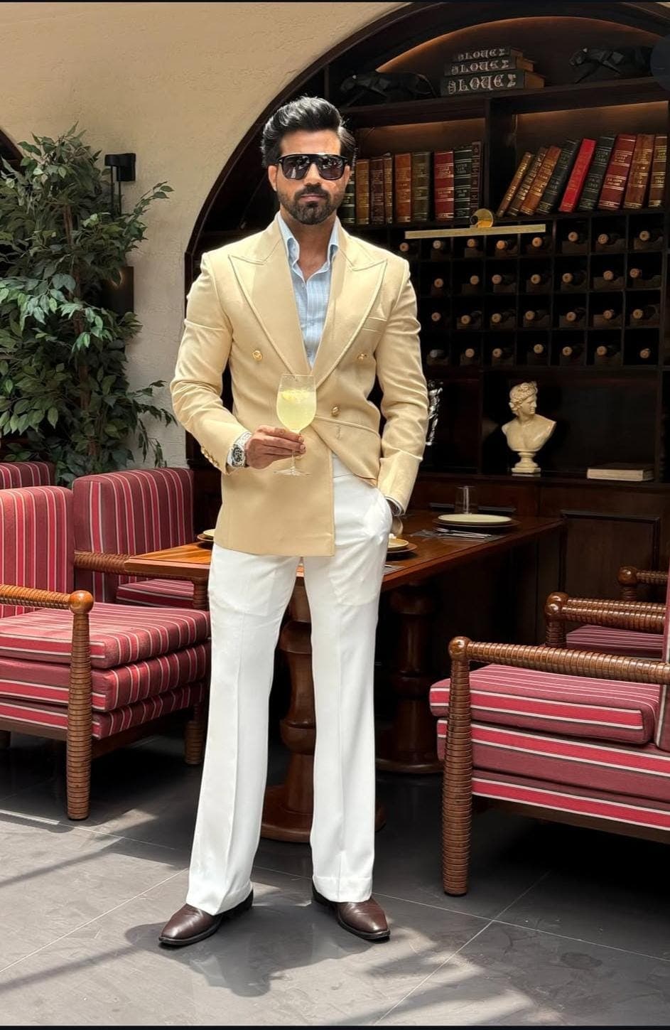 Men's Beige Double Breasted Blazer & White Trouser Set | Formal Poly-Viscose Suit