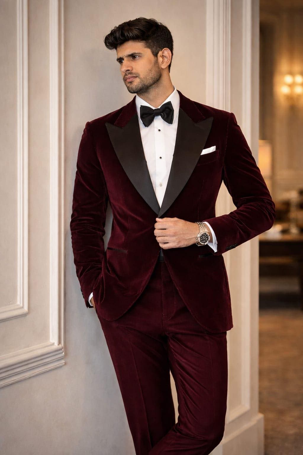 Men's Burgundy Velvet Tuxedo Suit, Slim Fit Formal Blazer Set, Wedding Groom Outfit