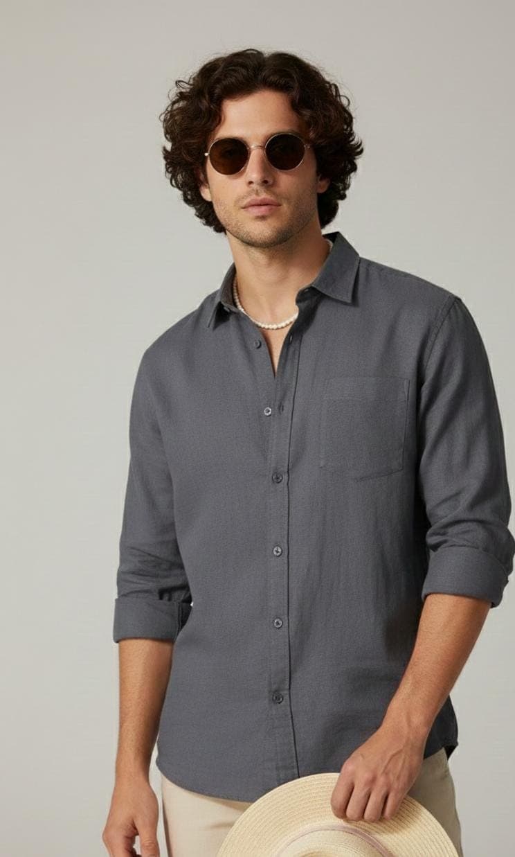 Men's Gray Cotton Linen Shirt | Casual Long Sleeve Outfit