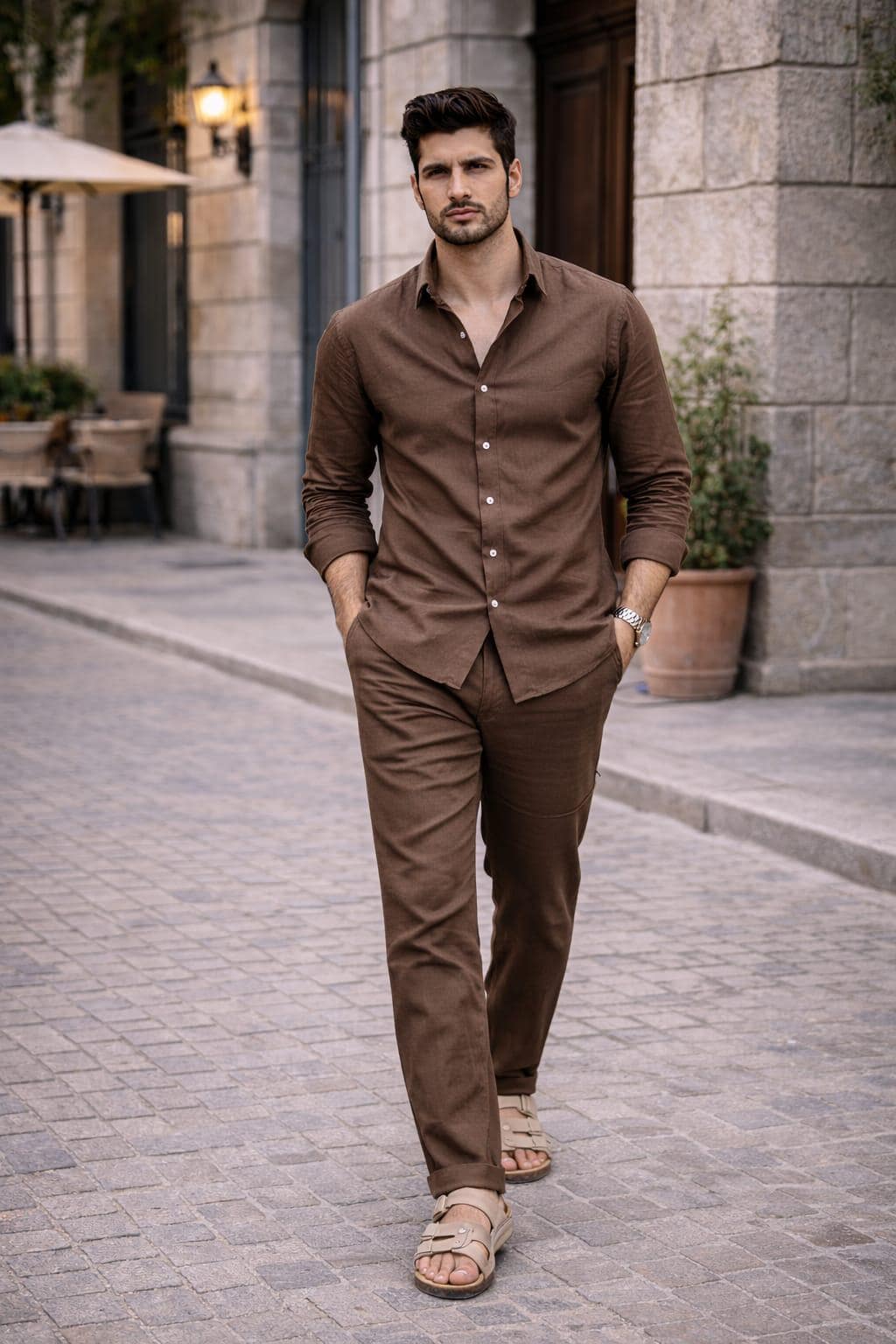 Men's Brown Linen Cotton Co-ord Set | Relaxed Fit Summer Vacation Outfit