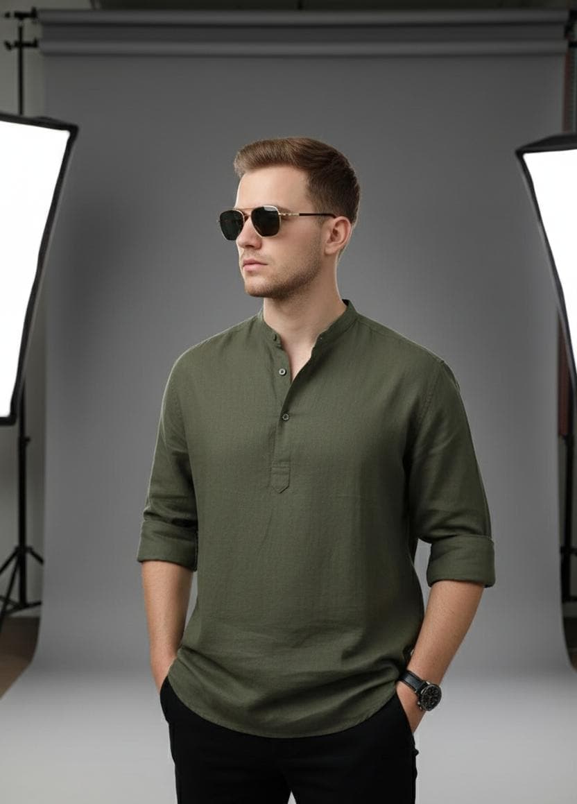 Men's Short Kurta Shirt | Olive Green Cotton Linen Top