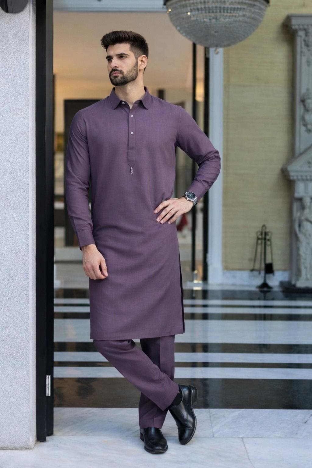 Close view of tailored long kurta with side slit and premium suiting fabric texture