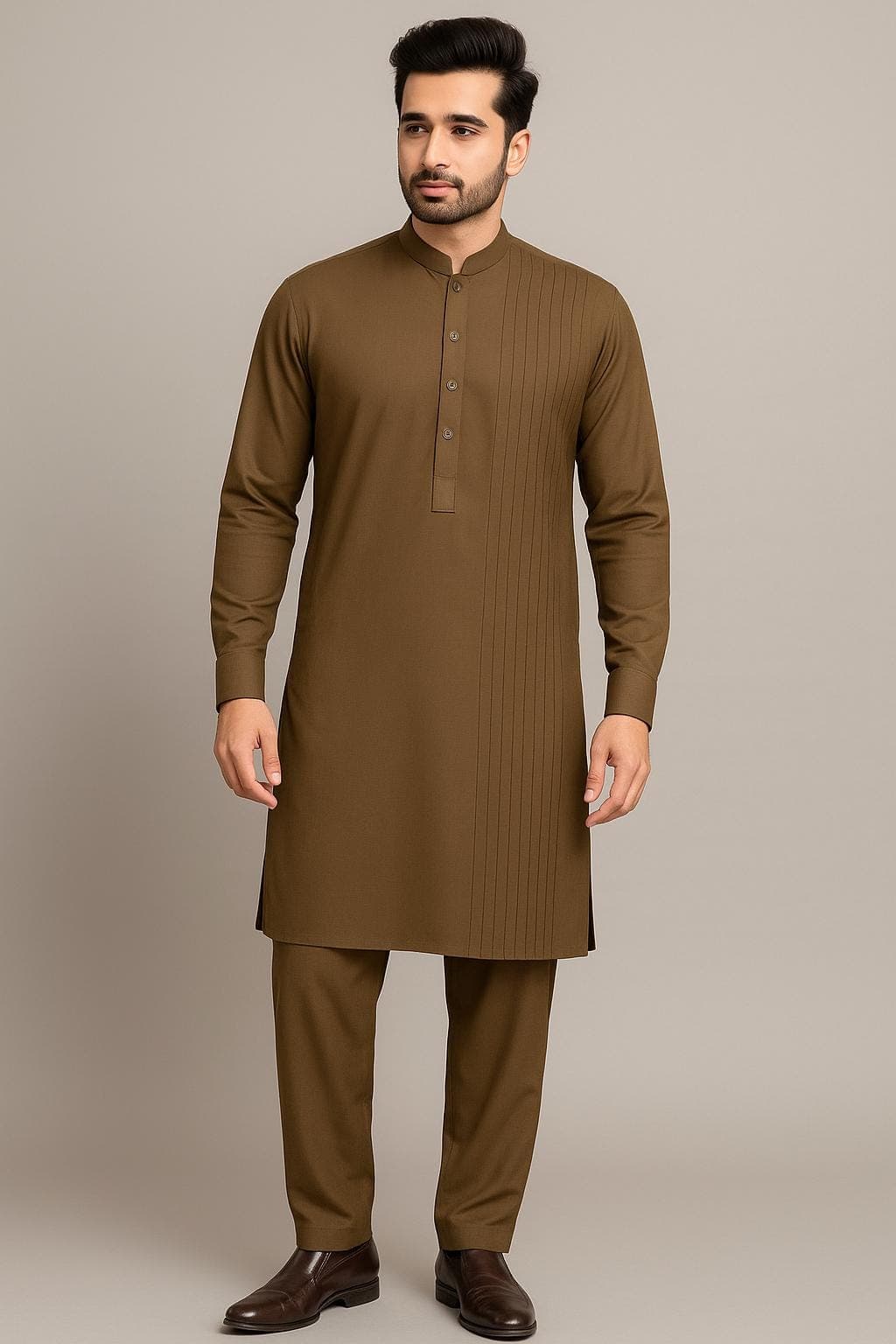 Men's Brown Pleated Kurta Pajama Set: Pakistani Eid Wedding Outfit