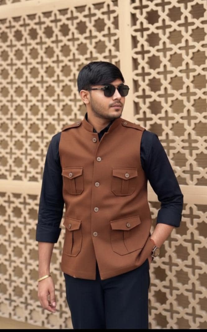 Men's Brown Nehru Jacket, Indian Wedding Vest, Safari Style
