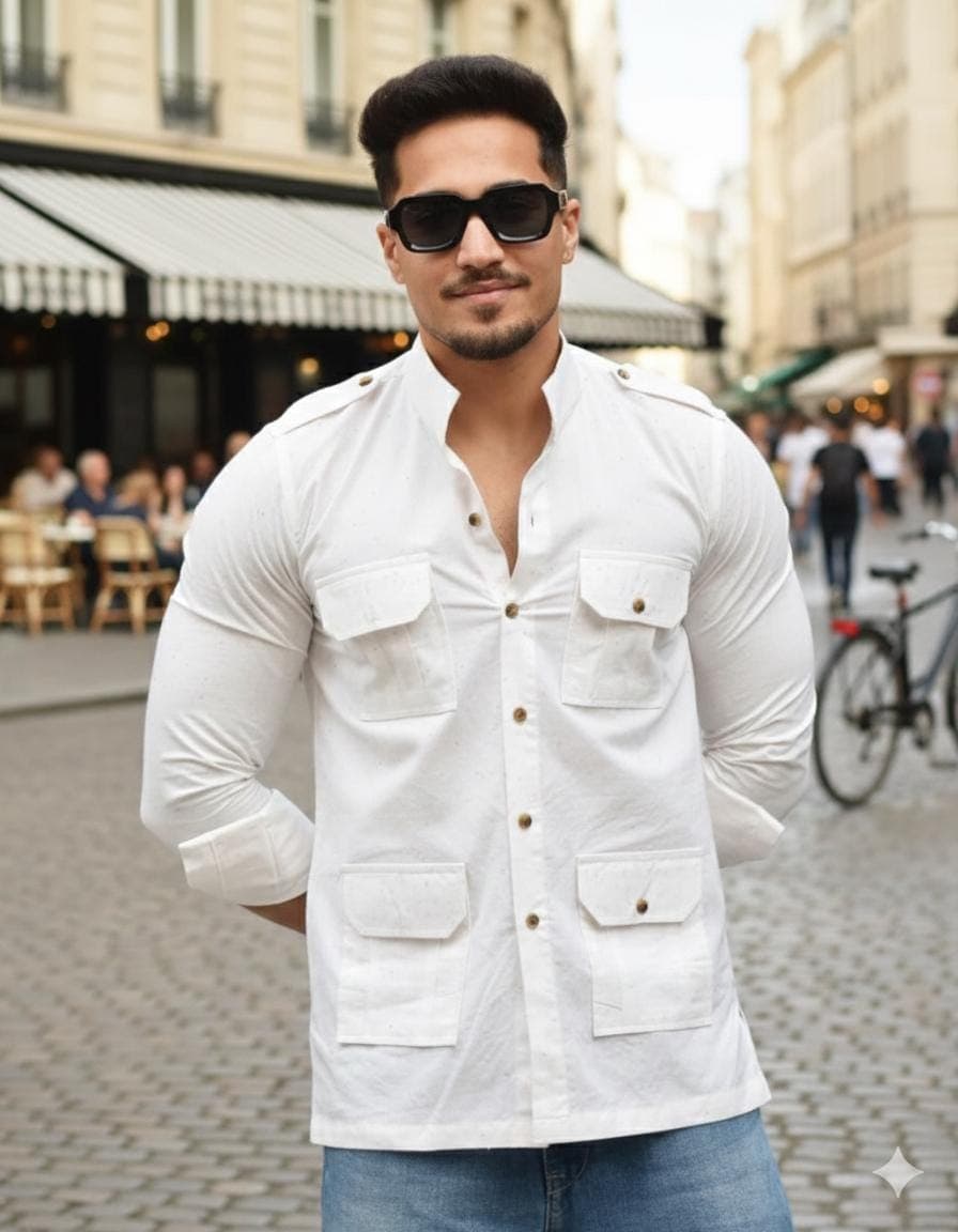Men's White Cotton Hunting Shirt | Outdoor Utility Wear