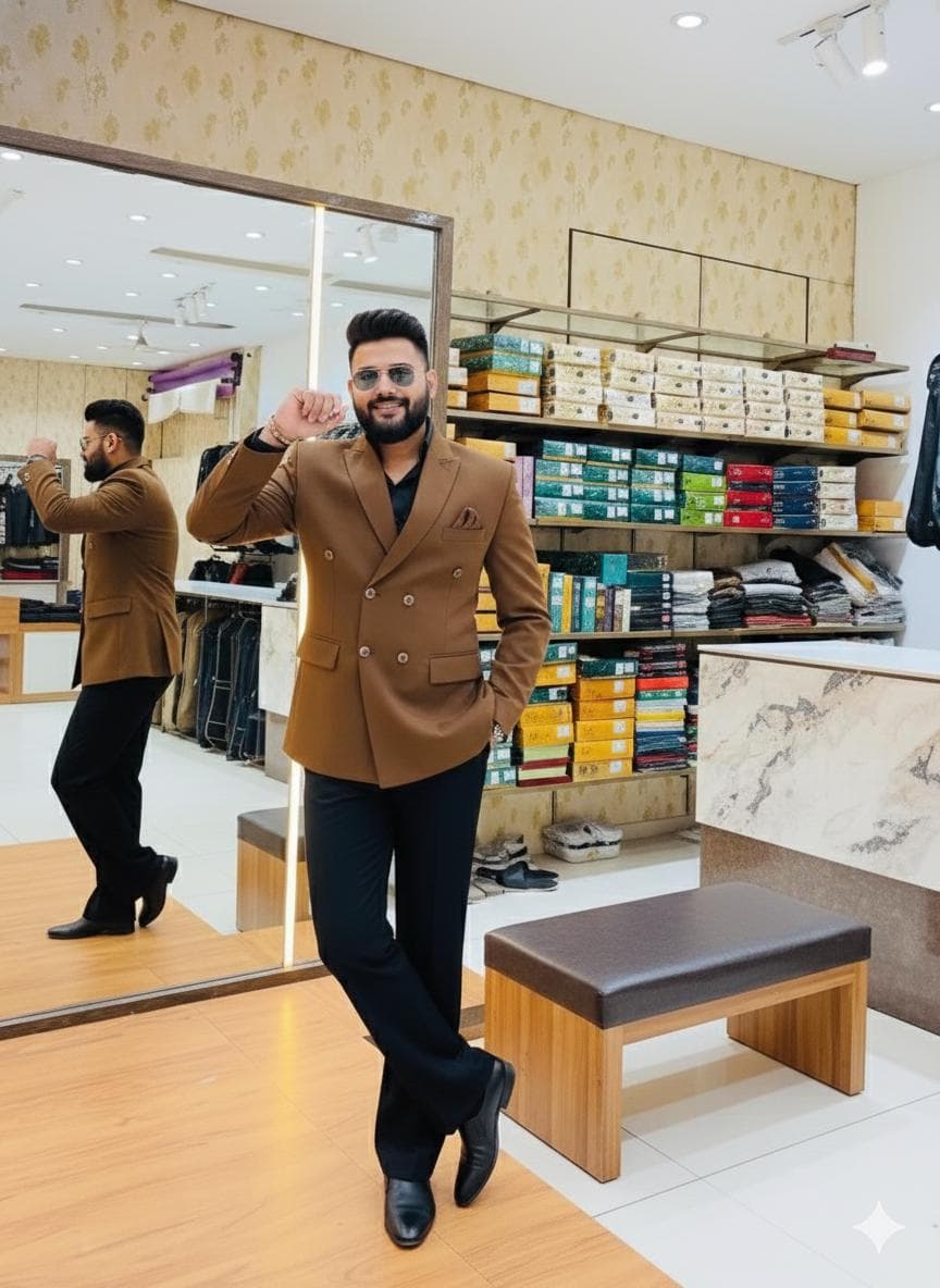 Men's Camel Brown Double Breasted Blazer Suit | Tailored Terry Rayon Formal Wear - image 3