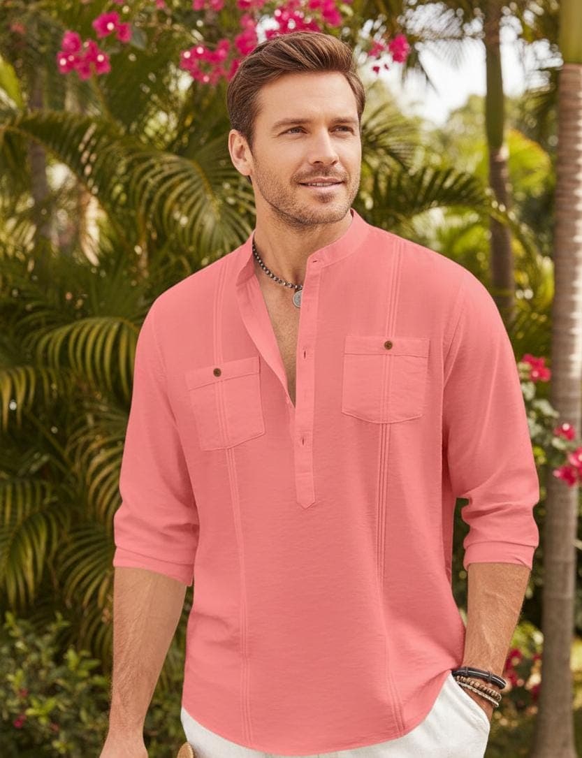 Men's Peach Pink Cotton Kurta Shirt | Lightweight Summer Ethnic Top