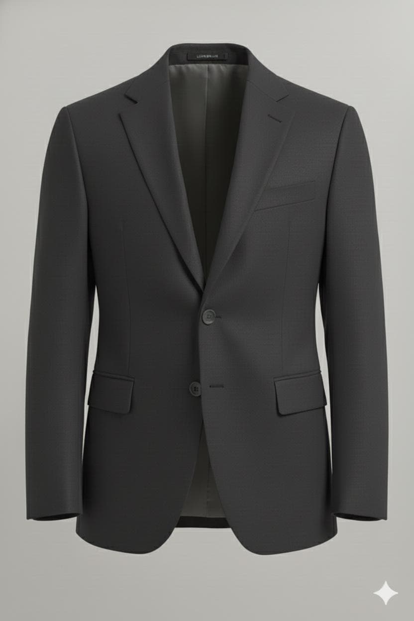 βMenβs dark gray blazer jacket with notch lapel, single-breasted design, front button closure, and flap pockets, shown on a plain background.β
