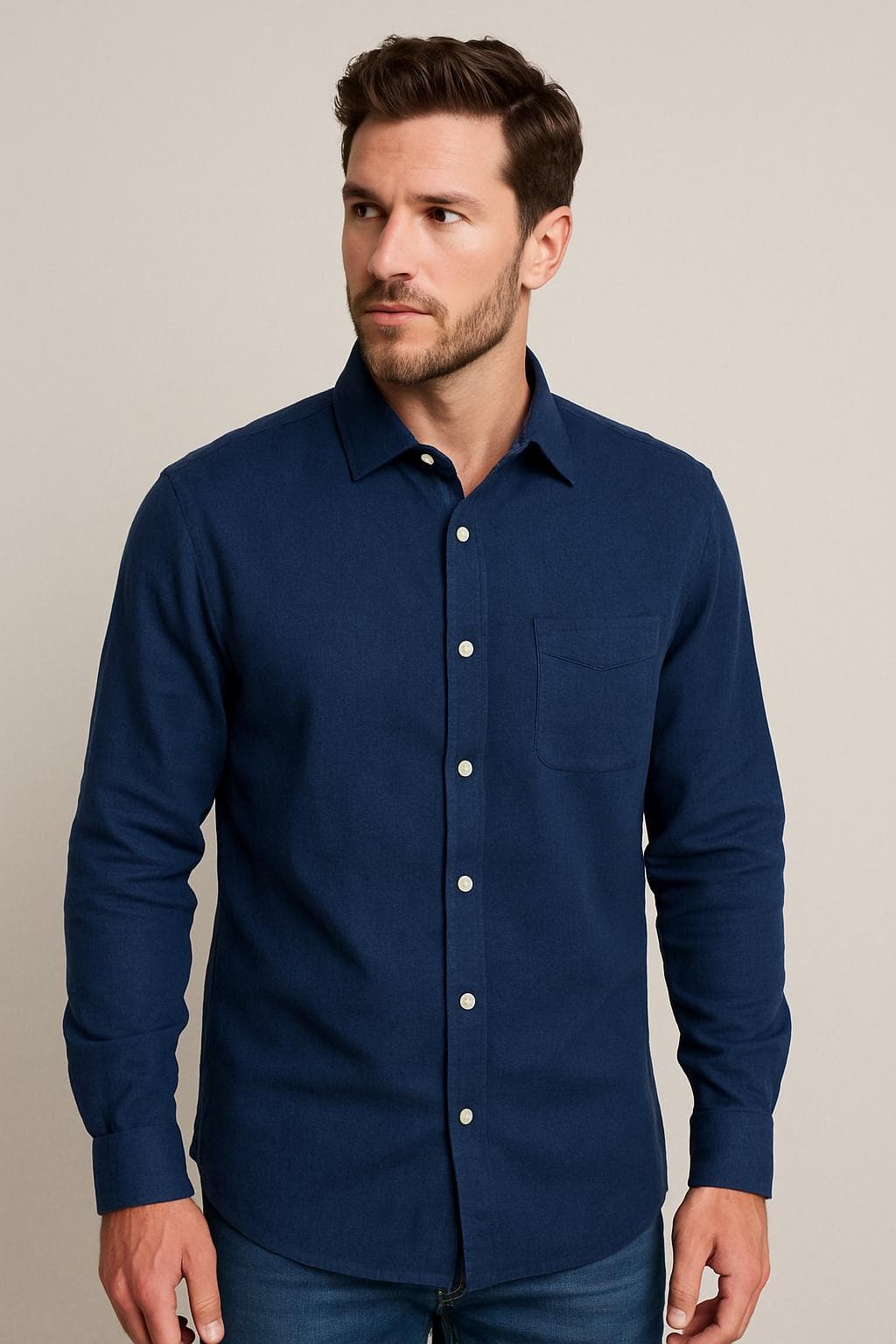 Men's Navy Blue Cotton Button-Up Shirt: Classic Long Sleeve