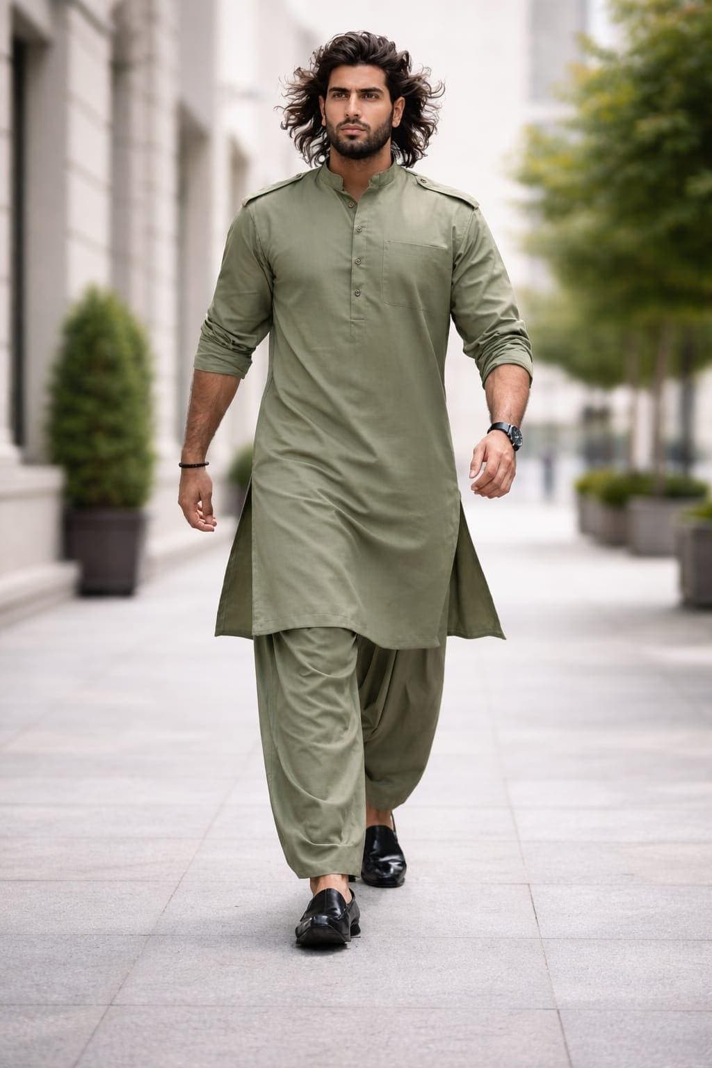 Men's Olive Green Cotton Kurta Pajama Set | Traditional Indian Ethnic Wear