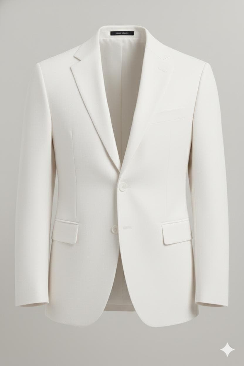 βMenβs white blazer jacket with notch lapel, single-breasted design, front button closure, and flap pockets, shown on a plain background.β