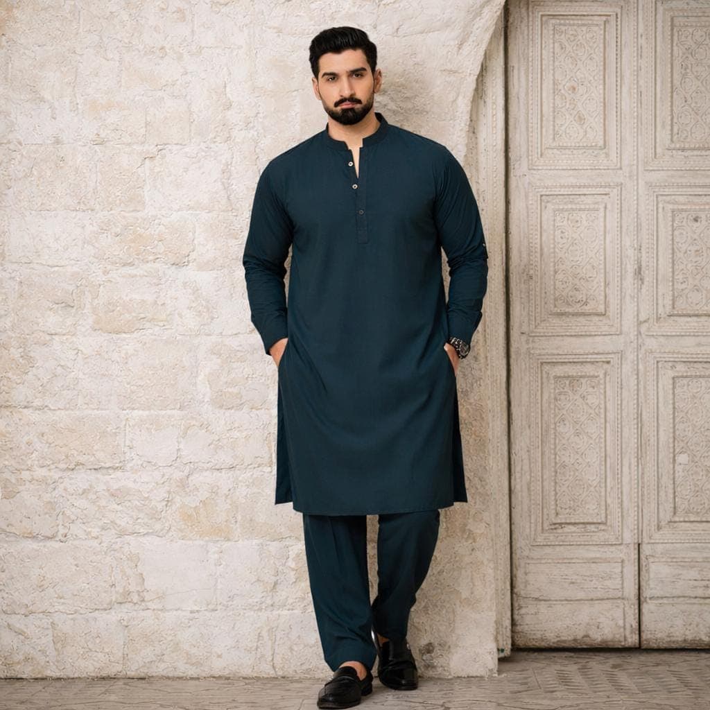Men's Deep Teal Cotton Kurta Pajama Set | Slim Fit Shalwar Kameez