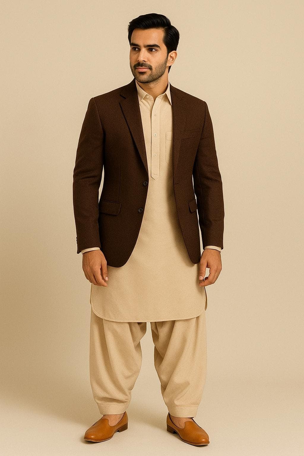 Men's Cream Pathani Kurta Shalwar with Chocolate Brown Blazer: Pakistani/Indian Wedding Outfit