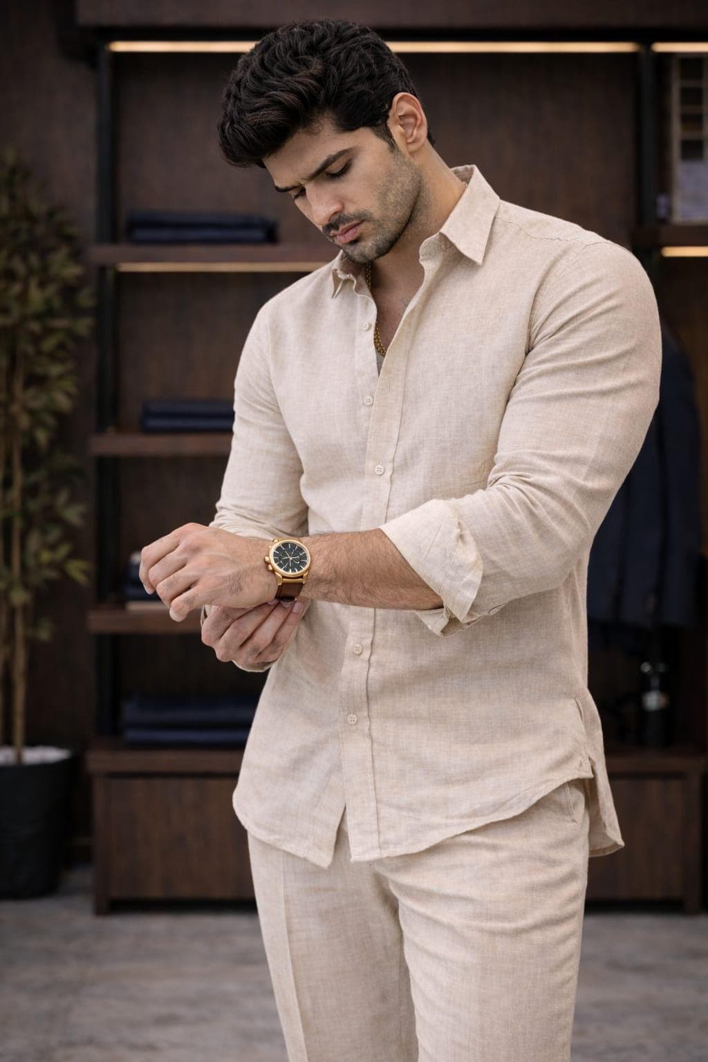 Men's Beige Linen Cotton Shirt and Trouser Set, Slim Fit Summer Co-ord