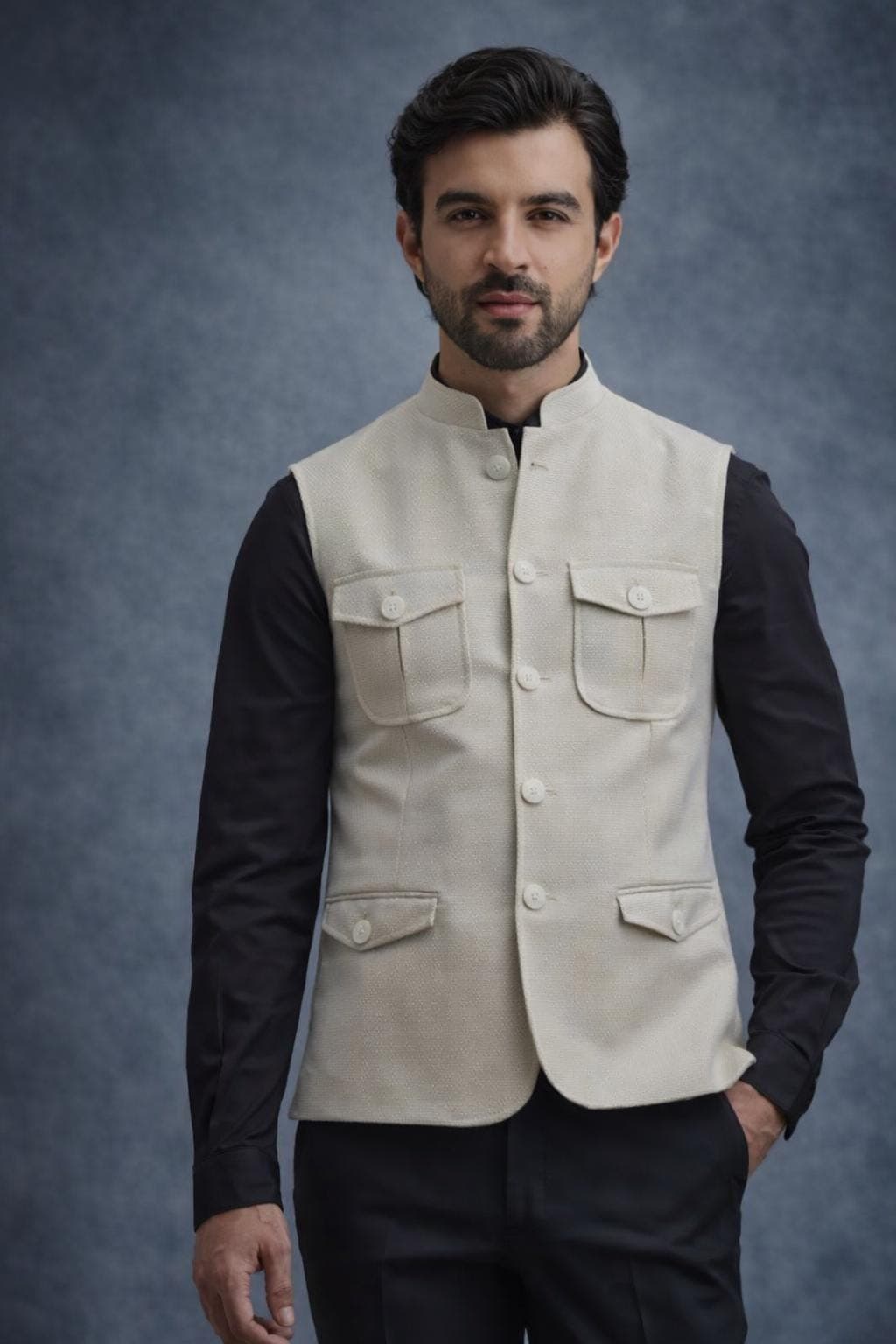 Men's Cream Nehru Jacket, Safari Style Vest, Indian Wedding Wear