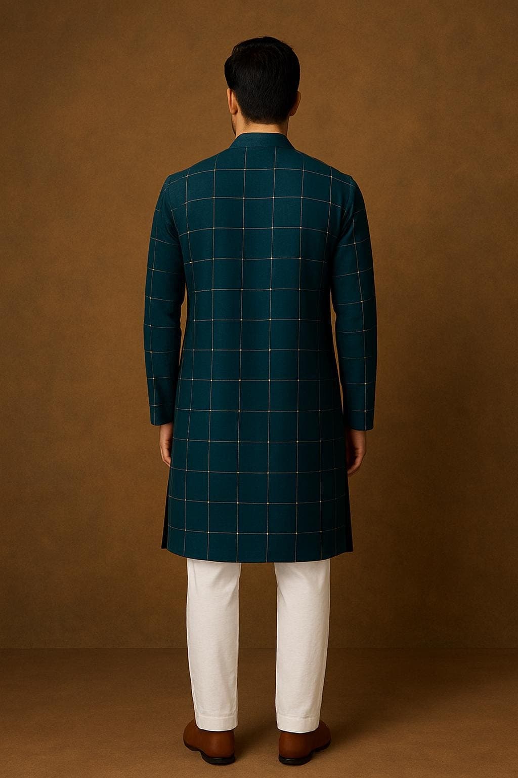 Dark Peacock Blue Checkered Kurta Pajama: Indian Pakistani Wedding Outfit - image 3