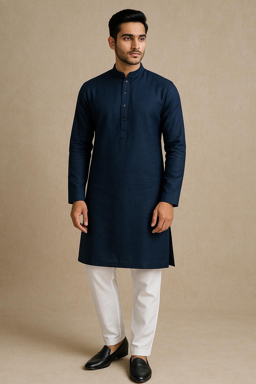 Men's Navy Blue Kurta Pajama Set: Cotton Linen Blend Indian Ethnic Wear