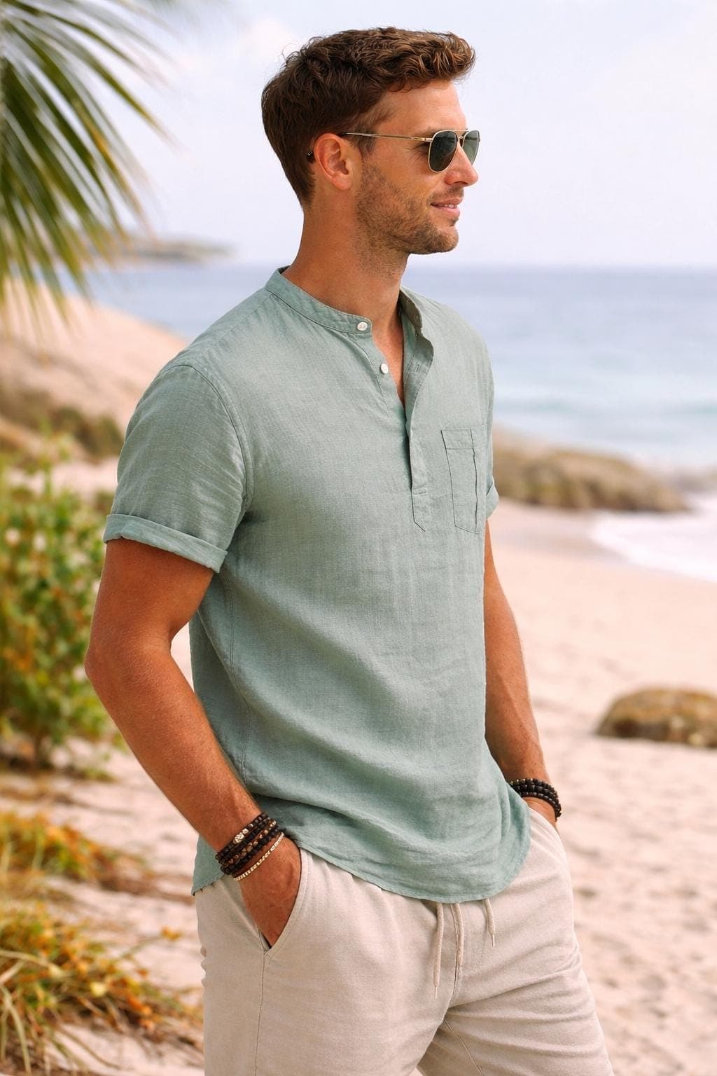 Men's Sage Green Cotton Blend Henley Shirt, Short Sleeve Beach Casual Wear - image 4