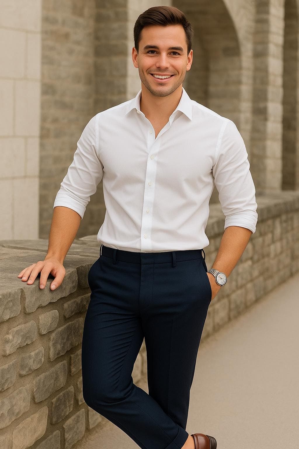 Men's White Cotton Blend Dress Shirt with Navy Terry Rayon Slim Fit Trousers