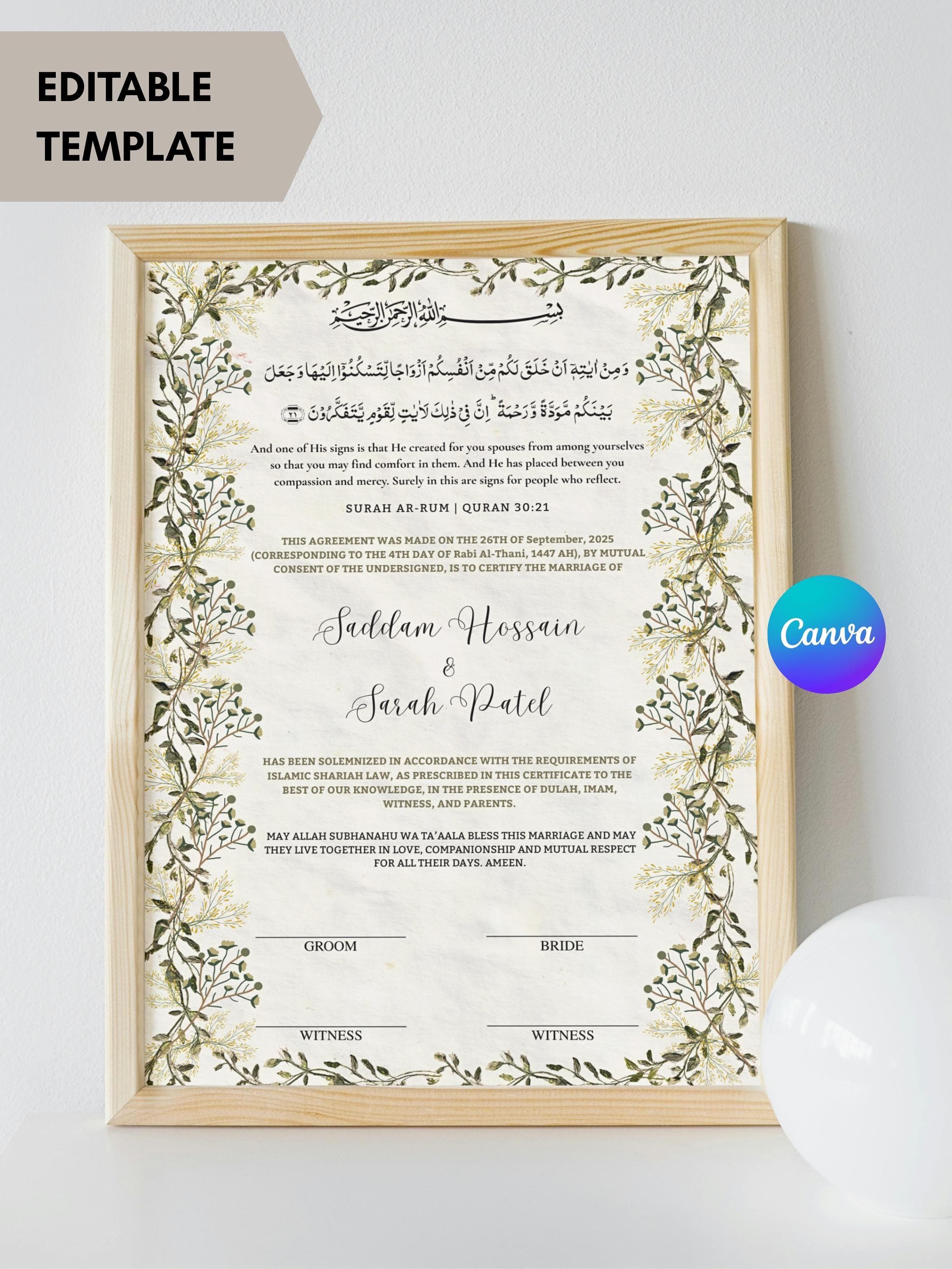 Floral Nikkah Certificate Template, Islamic Marriage Contract (A4 Digital Download Canva Editable) - image 3