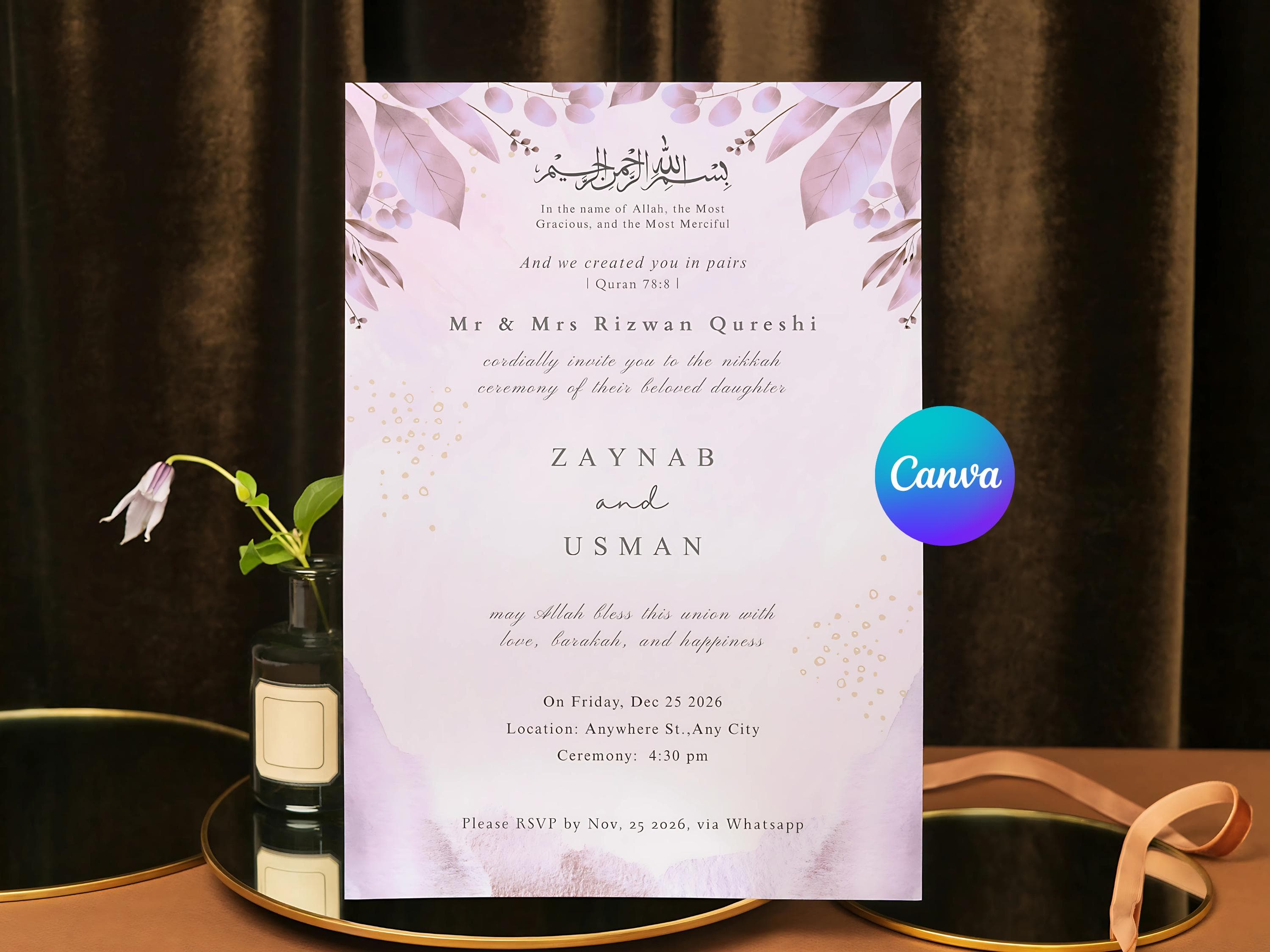 Editable Muslim Nikkah, Wedding invitation template for canva. it's an easy to edit digital Muslim wedding invitation card in purple color with minimalist floral touch making it a perfect Islamic wedding invitation digital download.
