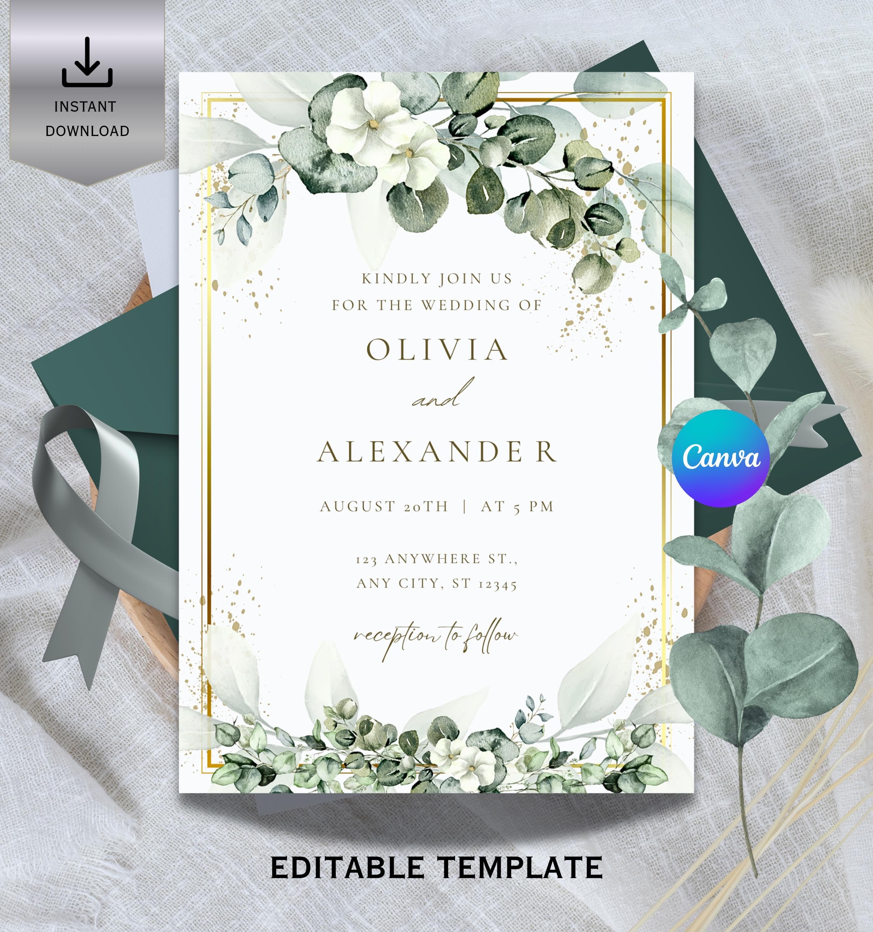 Eucalyptus Wedding Invitation, Greenery Floral Template (Digital Download)