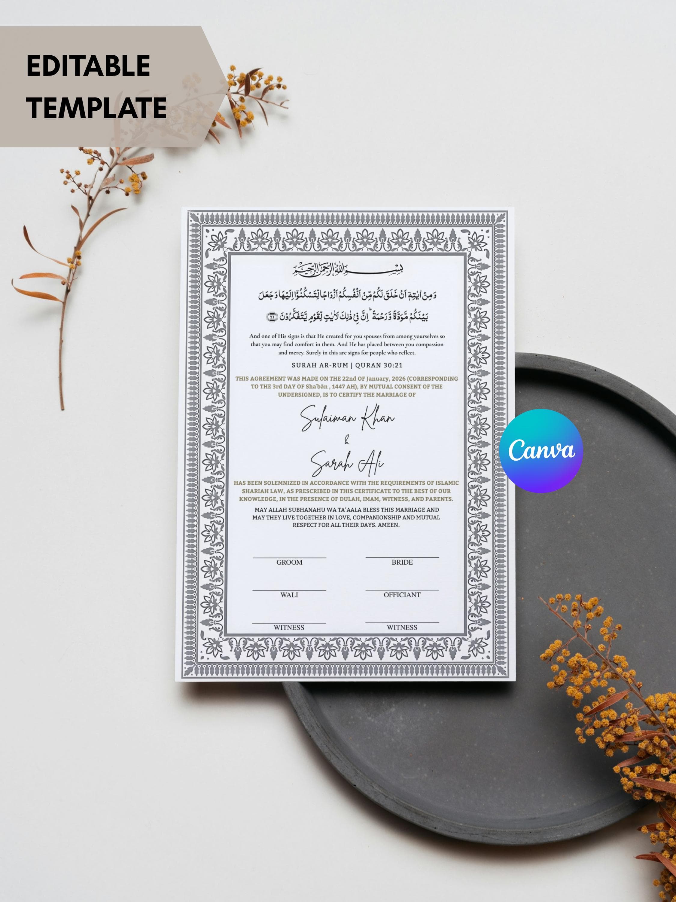 Editable Nikkah Certificate Printable Nikkah Contract Muslim Marriage Certificate Islamic Nikkahnama Nikah Nama Nikkah Agreement Nikkah Gift