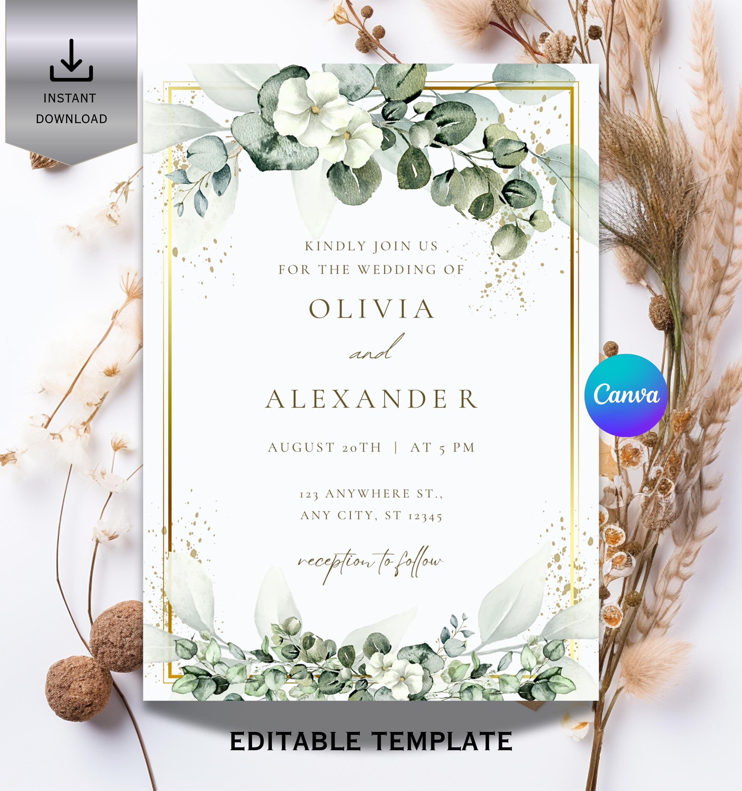 Eucalyptus Wedding Invitation, Greenery Floral Template (Digital Download) - image 4
