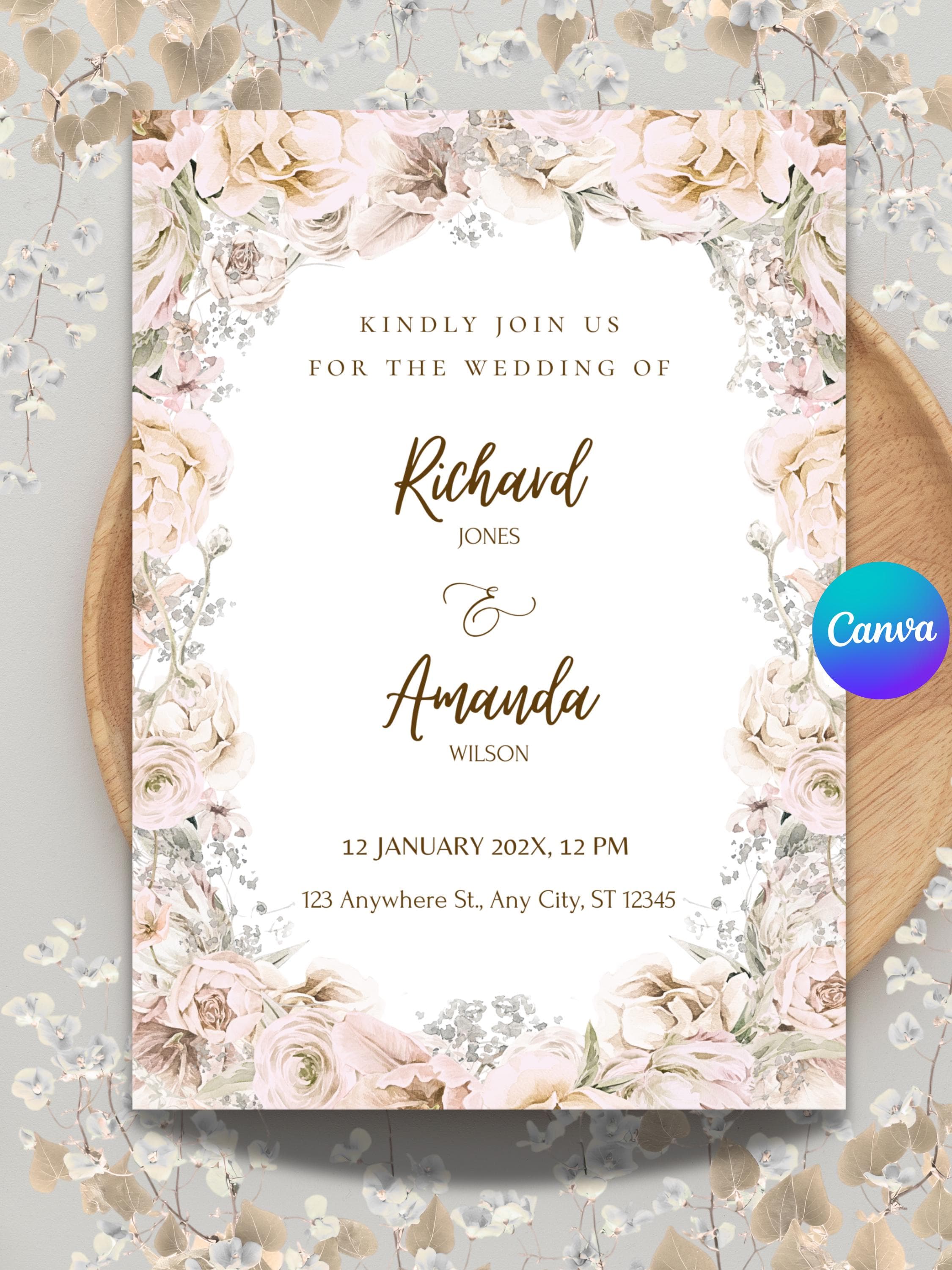 Wildflower Wedding Invitation Template, Rustic Boho Design (Digital)