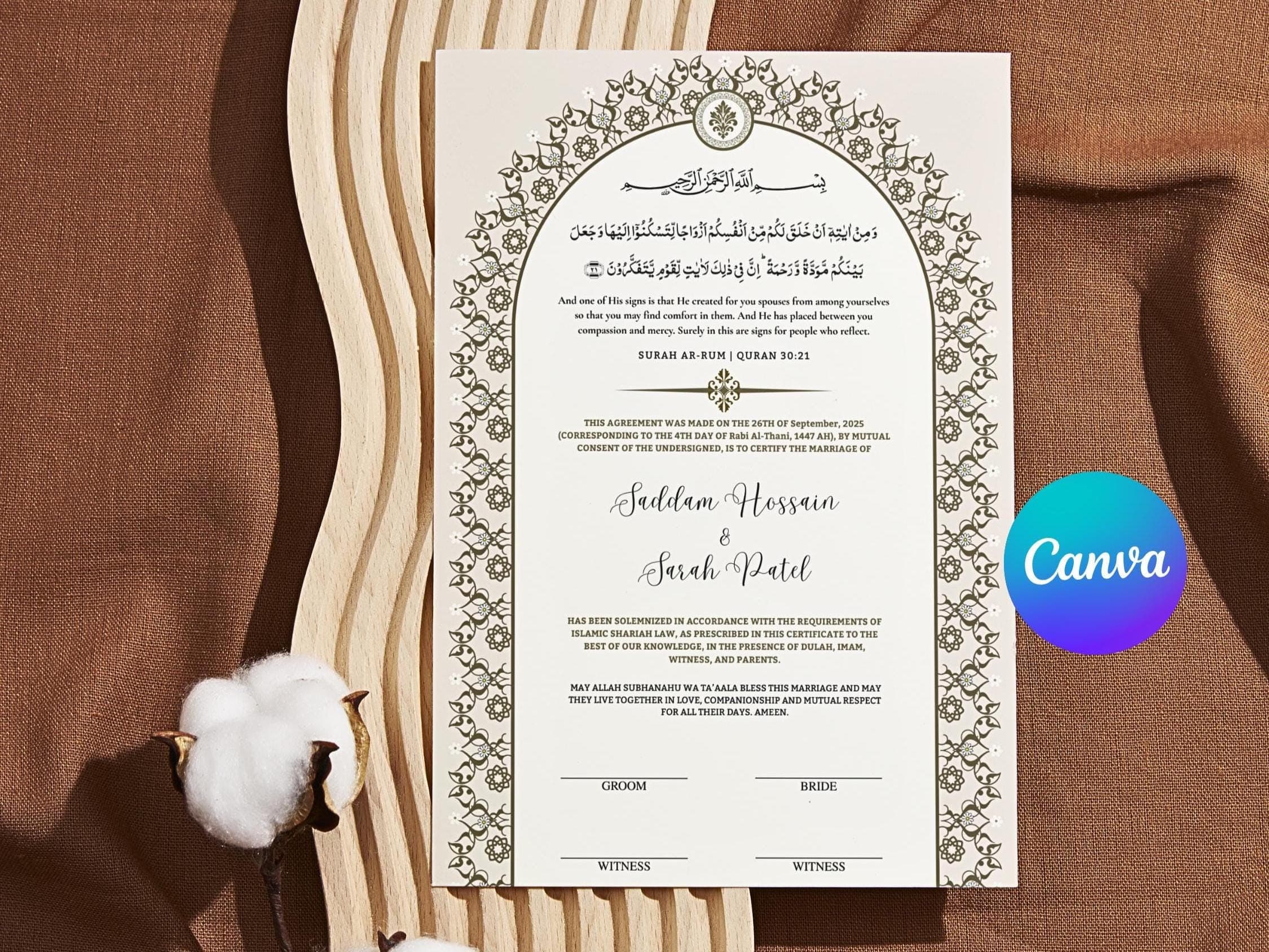 Decorative Islamic Nikkah Certificate featuring an ornate floral border, Arabic calligraphy, and a Quranic verse about marriage. This Muslim Nikkah Agreement, also known as a Nikkahnama or Nikahnama, includes spaces for the couple’s names, marriage date, a religious blessing, and signature lines for the bride, groom, and witnesses.