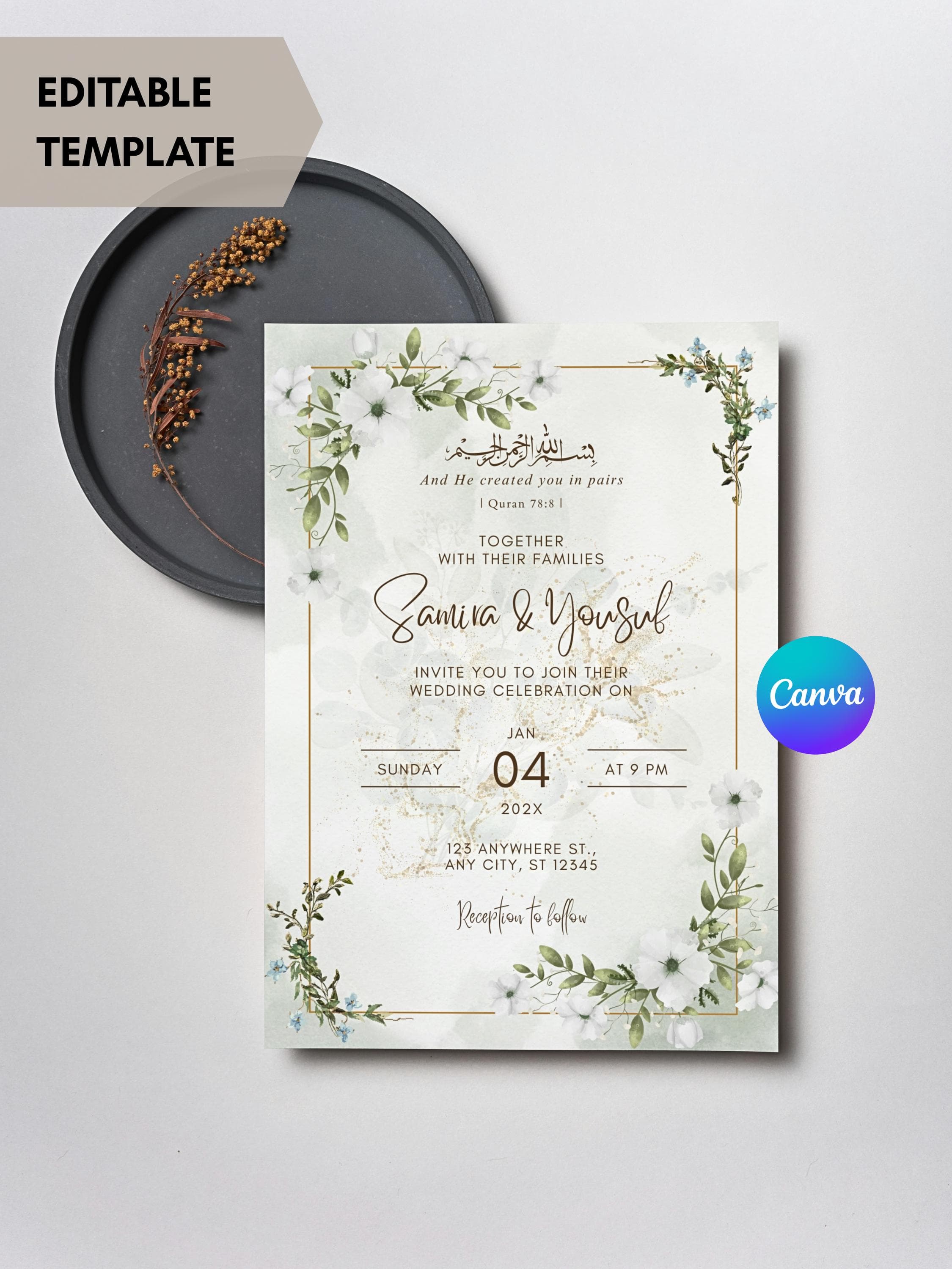 Islamic Wedding Invitation Template Nikkah Invitation Editable Muslim Wedding Invite Muslim Invitation Card Muslim Wedding Invitation Canva - image 5