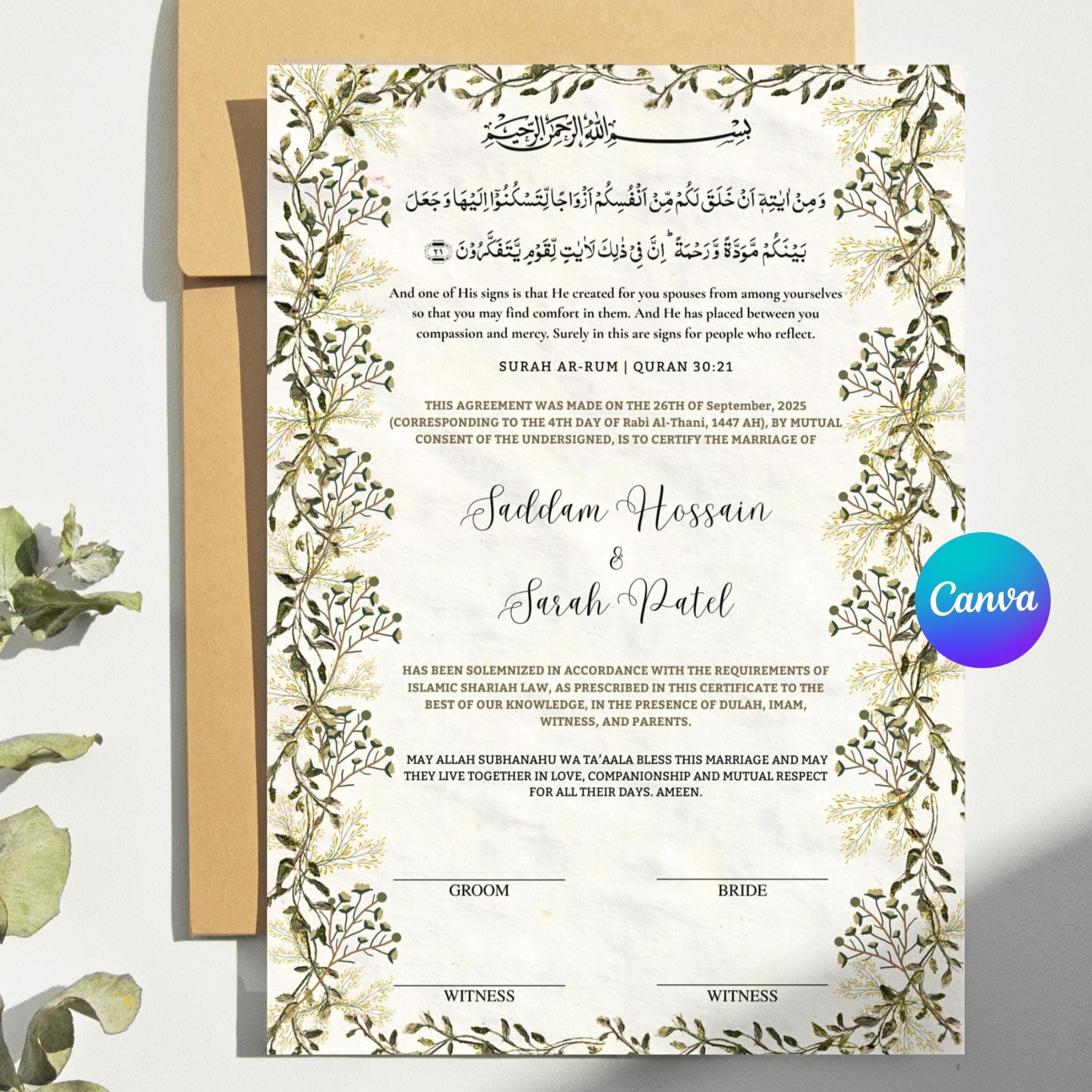 Floral Nikkah Certificate Template, Islamic Marriage Contract (A4 Digital Download Canva Editable)