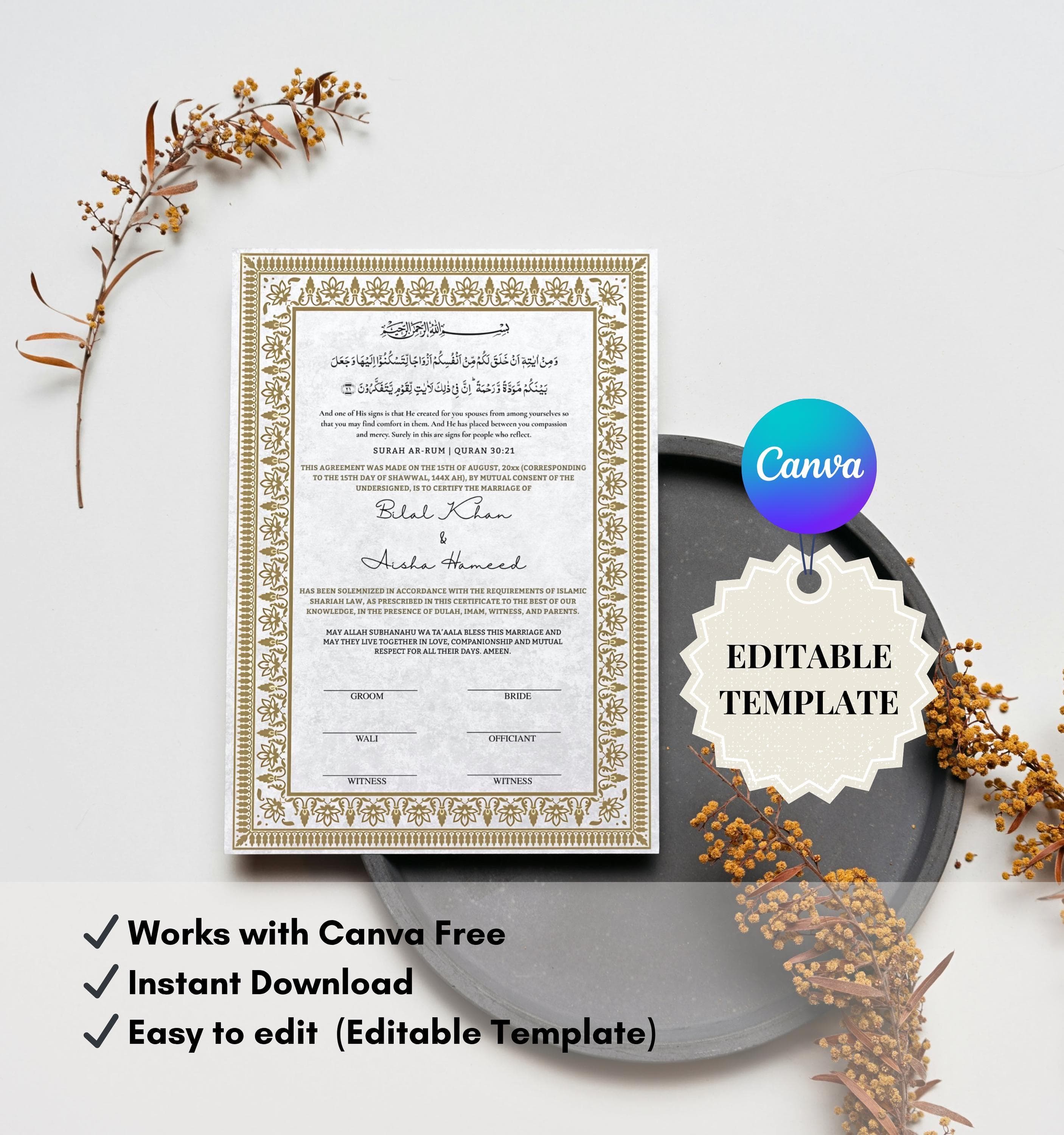 Editable Nikkah Certificate Canva Template, Islamic Marriage Contract (Digital Download) - image 3