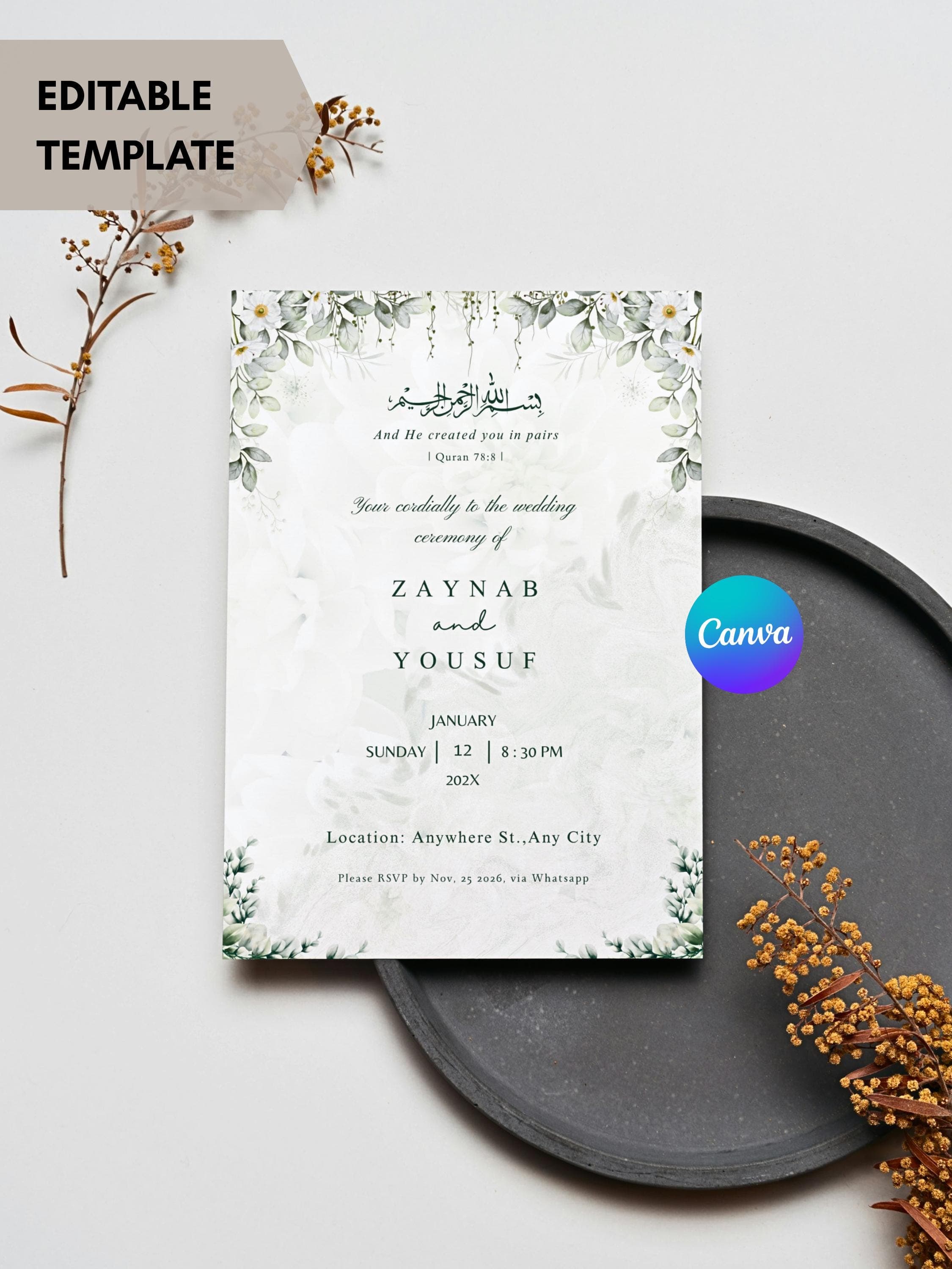Muslim Wedding Invitation Template Nikkah Invitaion Islamic Marriage Card Shaadi Invite Barat Invitation Floral Muslim Nikah Invite Digital - image 3