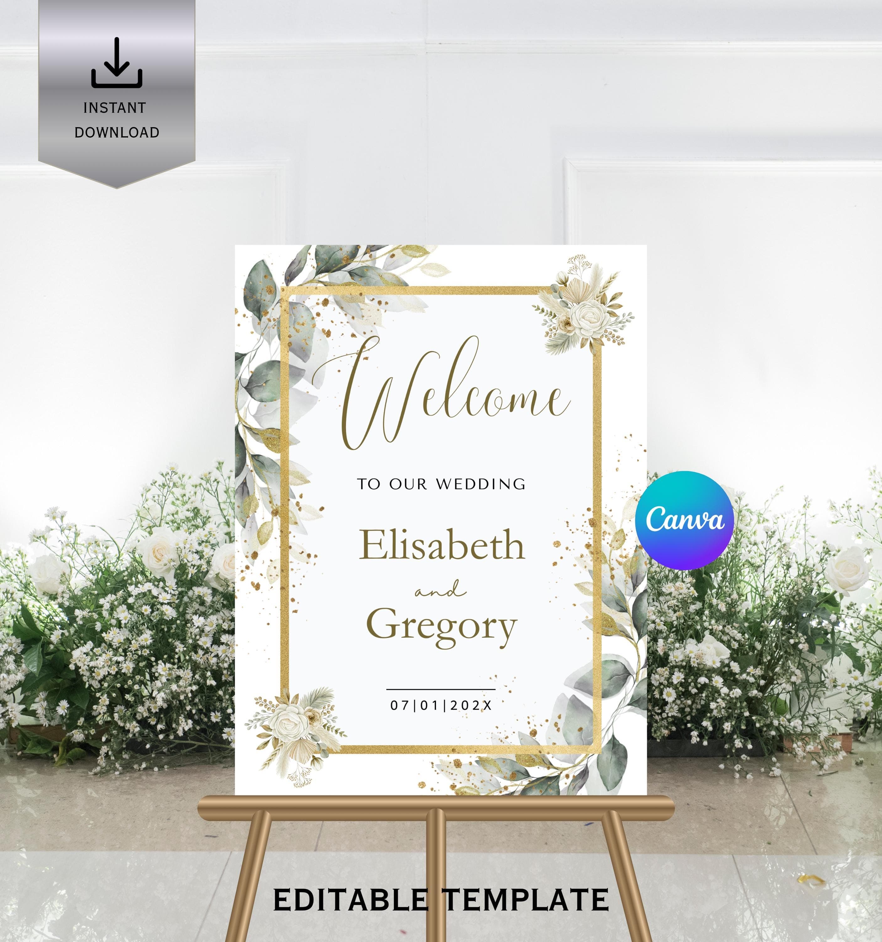 Gold Eucalyptus Wedding Welcome Sign, Botanical Greenery (Canva Template) - image 4
