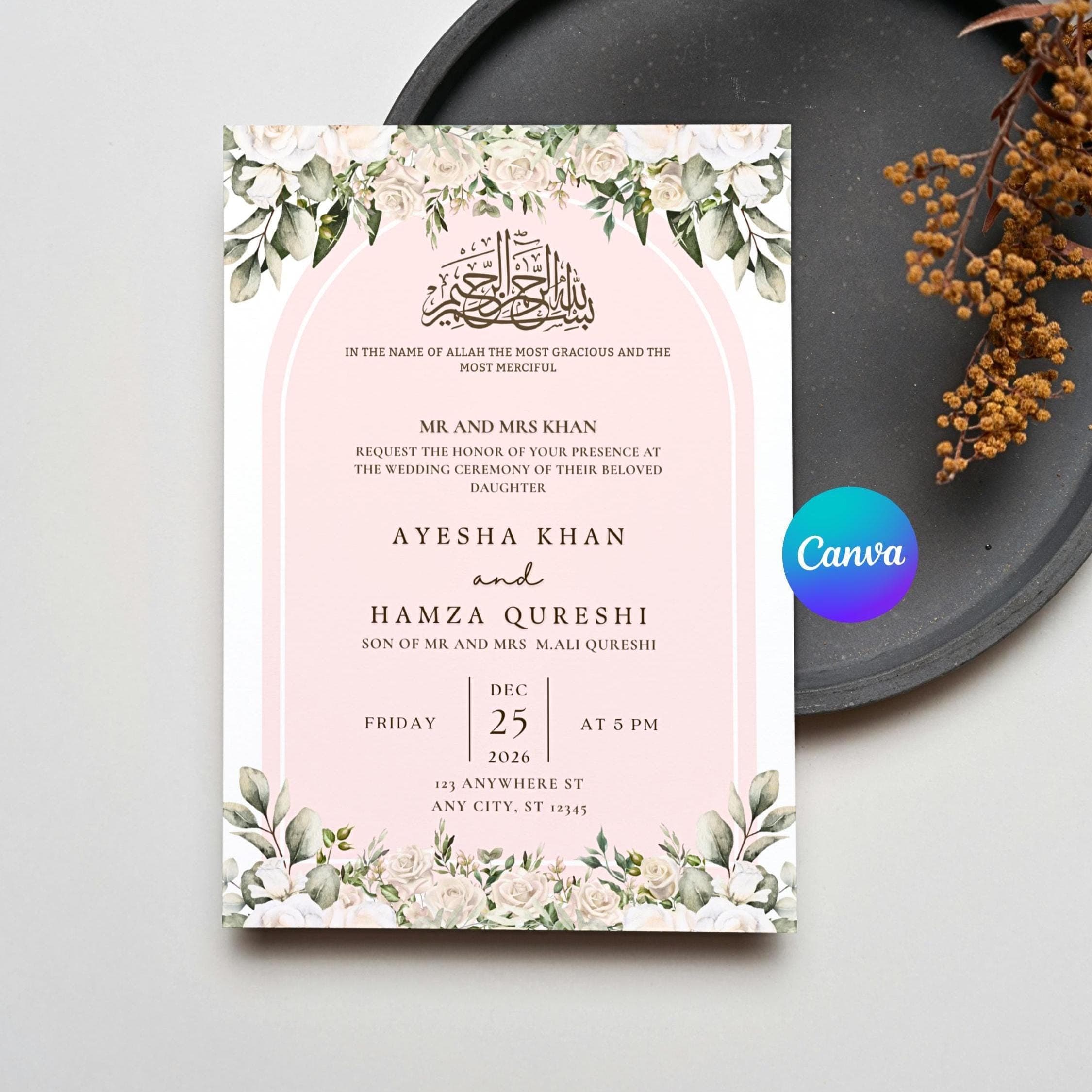 A beautifully designed Floral Muslim Wedding Invitation brings elegance to your special day, blending tradition with modern artistry. Our Walima Invitation Card and Islamic Nikkah Invitation styles feature intricate motifs and heartfelt wording. Choose the perfect Islamic Wedding Card or Valima Invitation Card to create a memorable Muslim invite for your celebration.