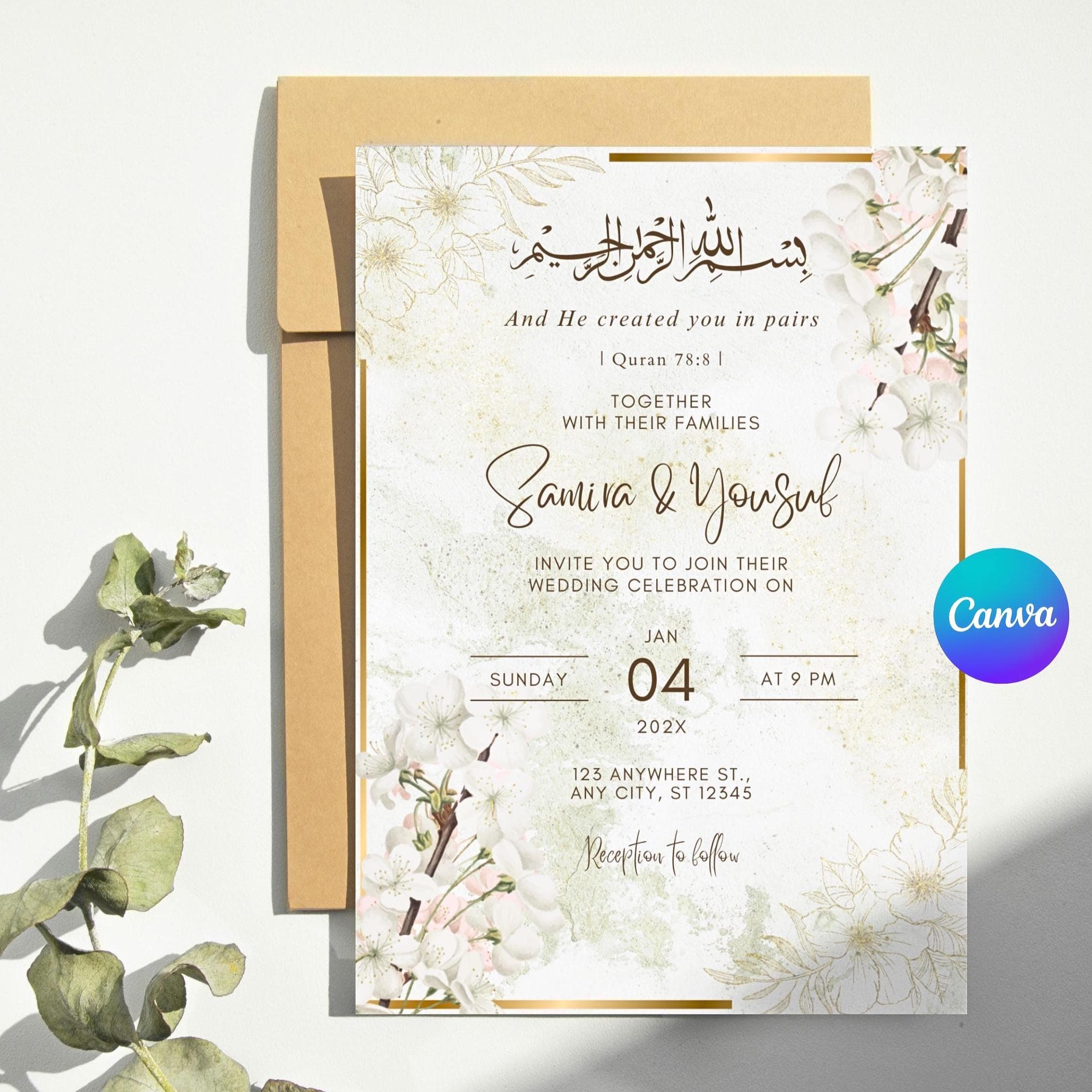 Muslim Wedding Invitation Canva Template, Cream Gold Floral Nikkah Card (Digital Download)