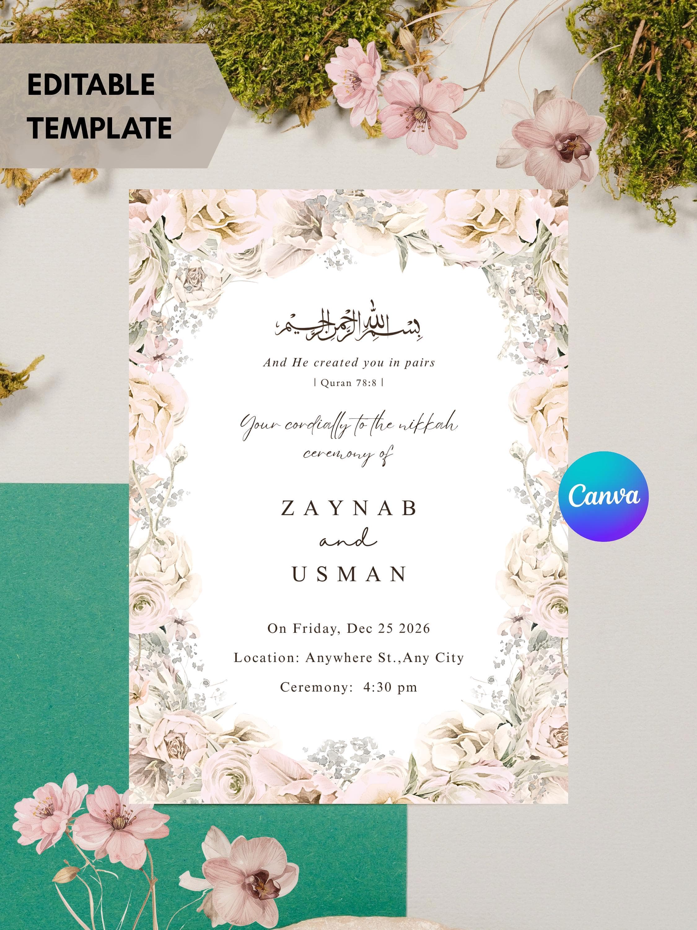 Editable Floral Islamic Nikkah Invitation Template featuring a soft floral design, Muslim Wedding Invite, Printable Canva Nikkah Card, Editable Muslim Floral Nikkah Invitation Template, Islamic Wedding Invite, Printable Canva Nikah Card.