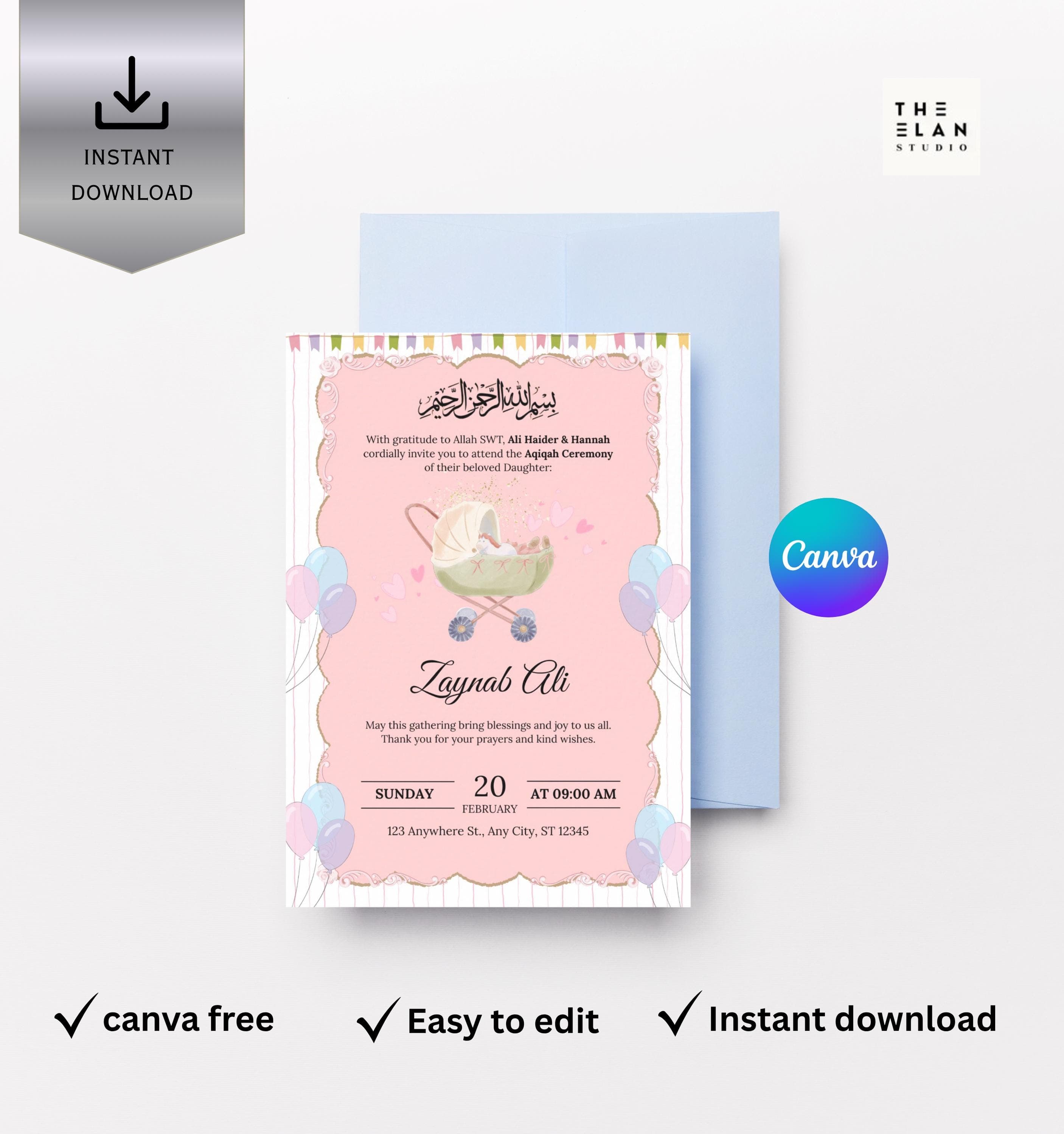 Baby Aqiqah Invitation Canva Editable Template, Aqeeqah Invitation, Aqiqah card, Muslim Baby Birth Announcement Invite Digital Download - image 5