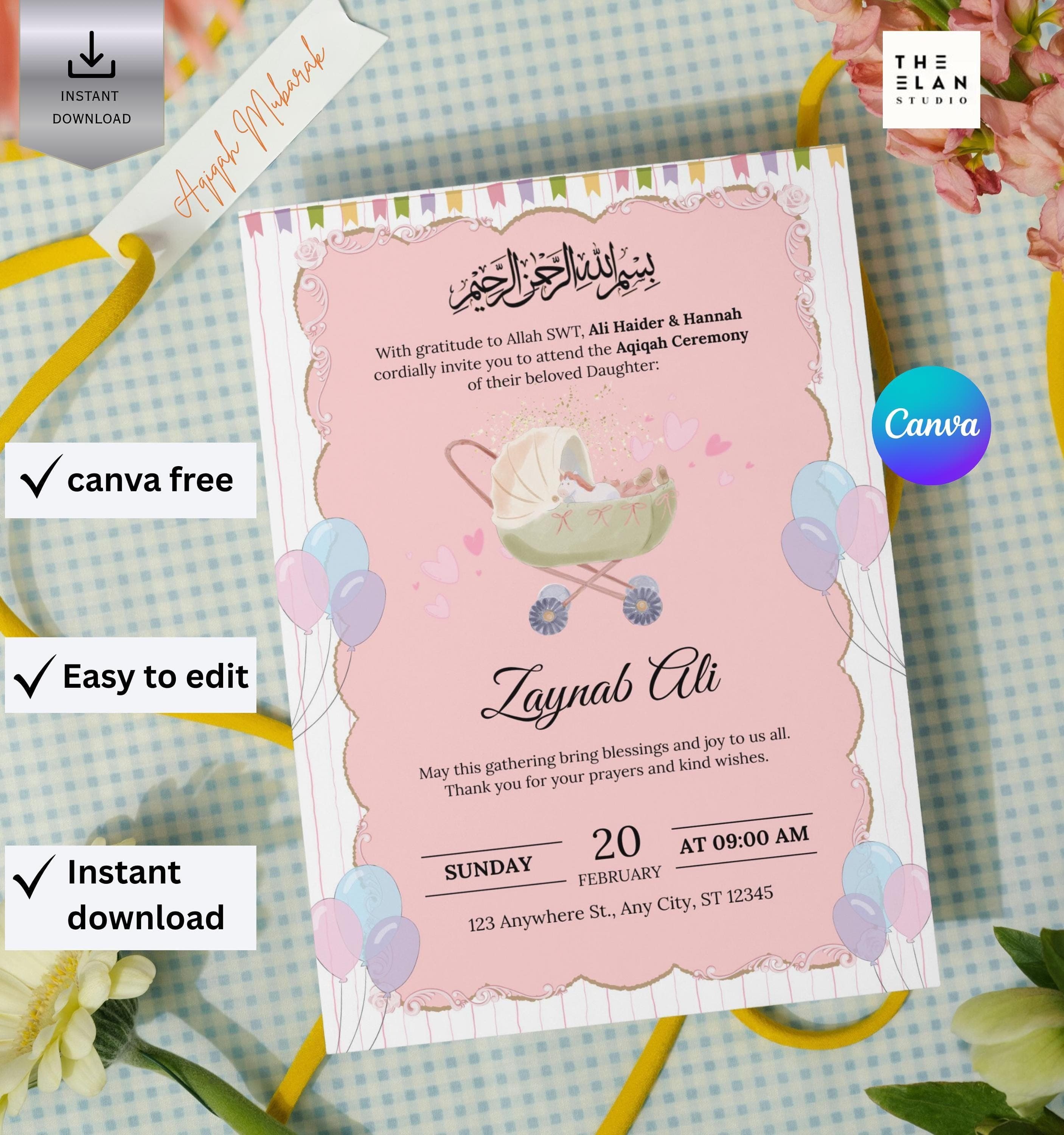 Baby Aqiqah Invitation Canva Editable Template, Aqeeqah Invitation, Aqiqah card, Muslim Baby Birth Announcement Invite Digital Download