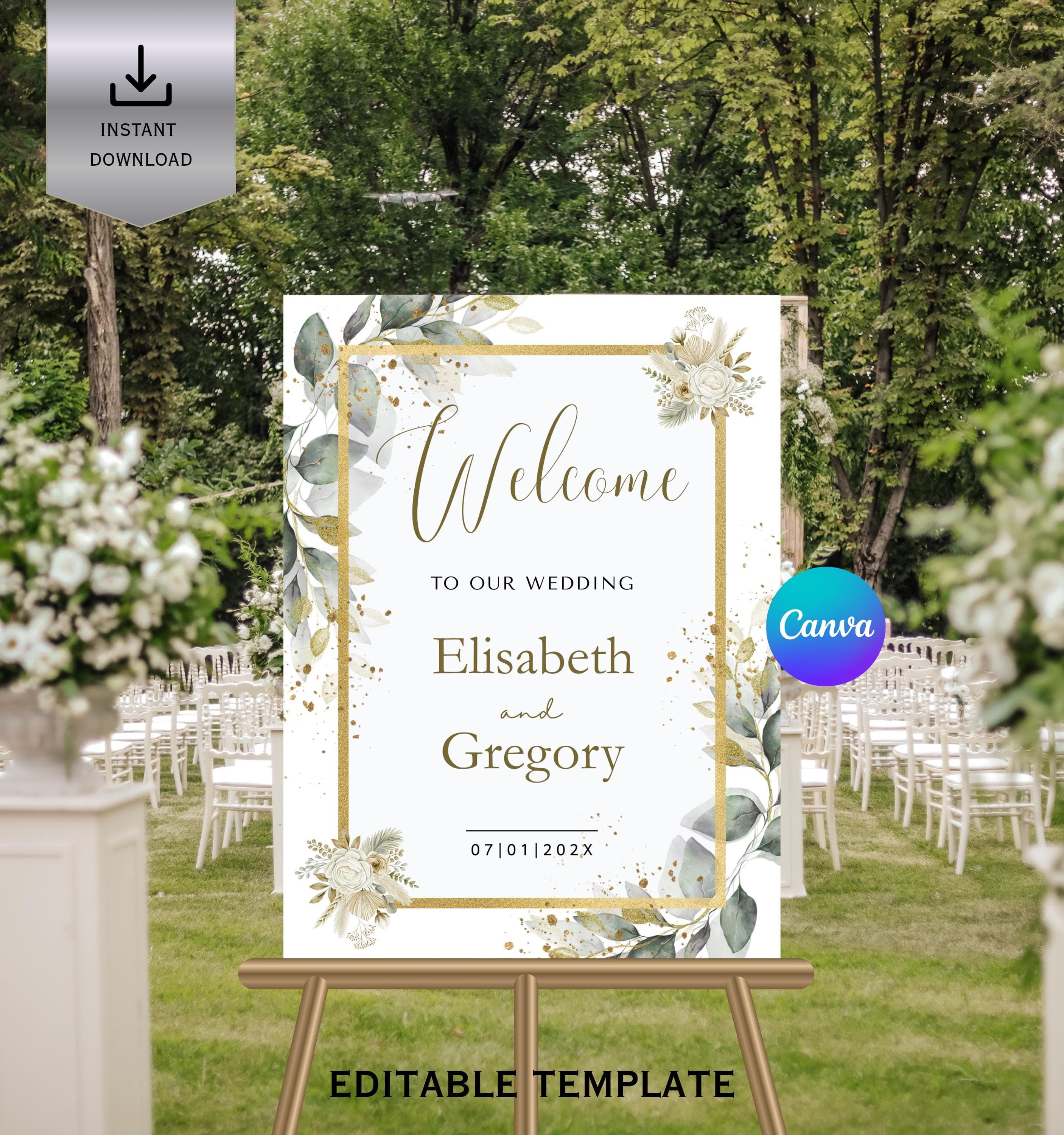 Gold Eucalyptus Wedding Welcome Sign, Botanical Greenery (Canva Template) - image 5