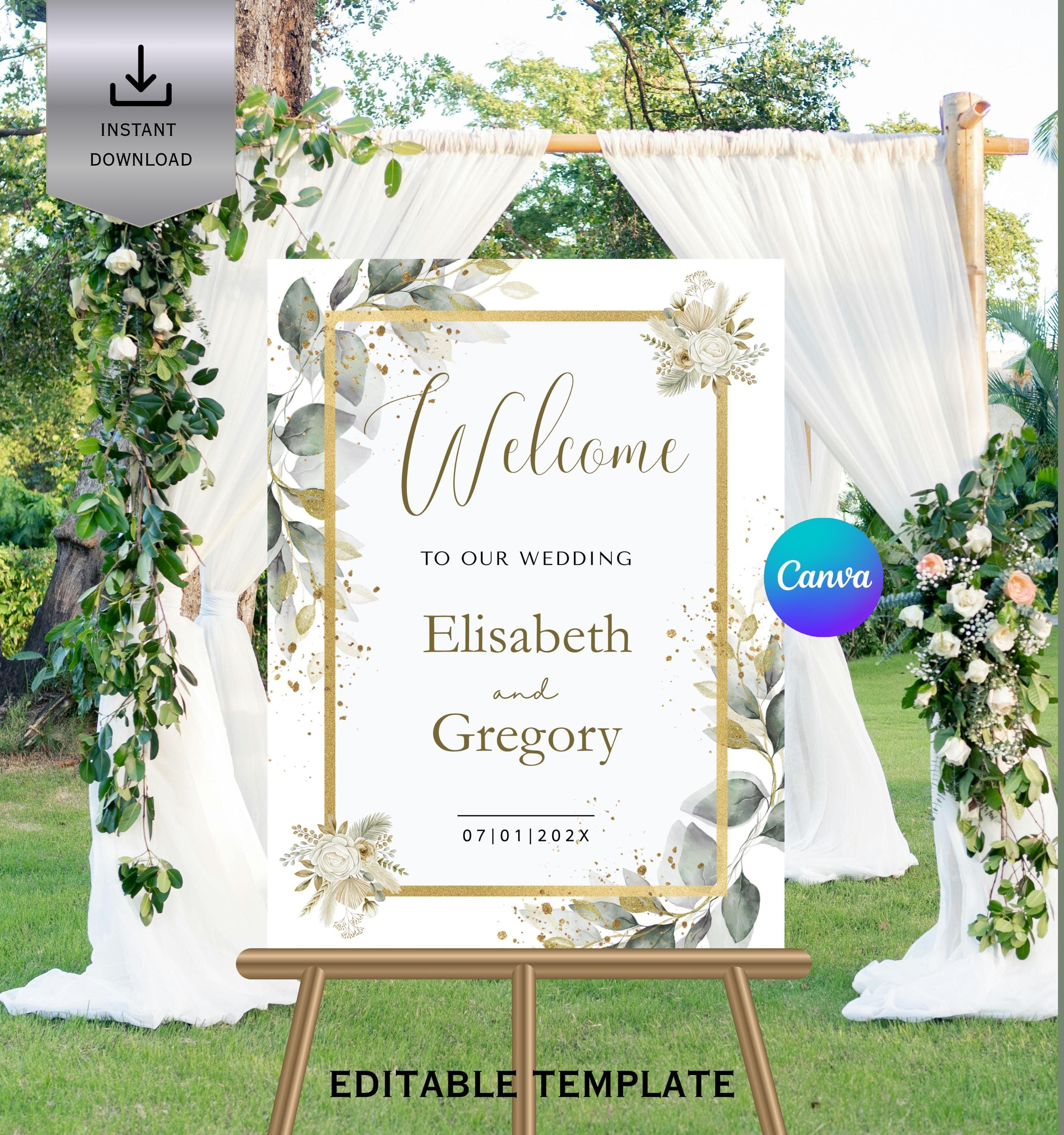 Gold Eucalyptus Wedding Welcome Sign, Botanical Greenery (Canva Template)