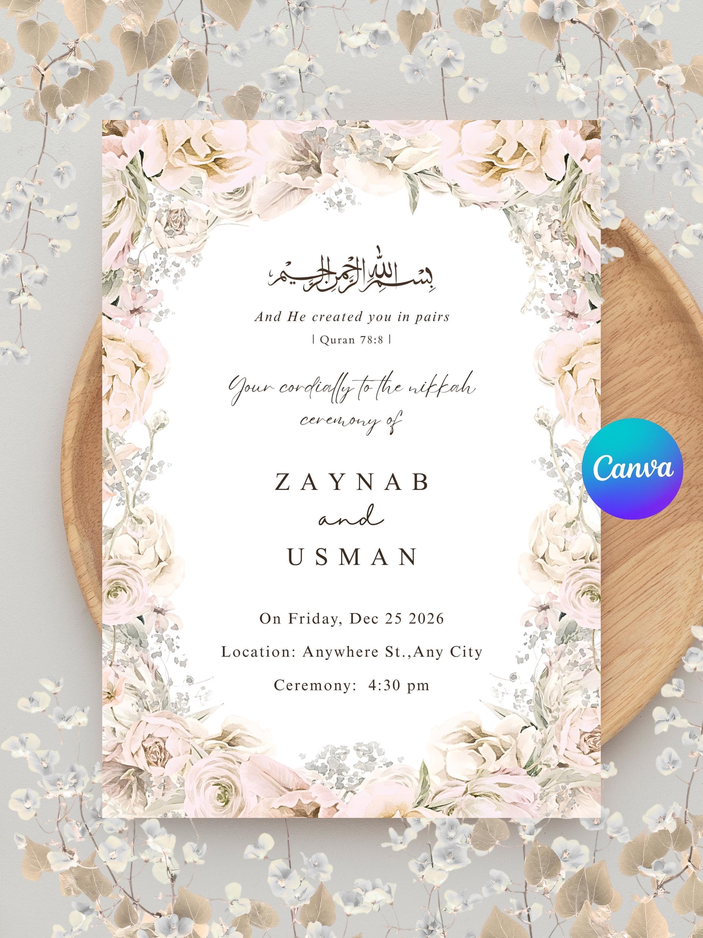 Floral Nikkah Invitation Template Canva Editable Muslim Wedding Invite Nikah Invitations Digital Marriage Invitation Card Muslim Pink Ivory