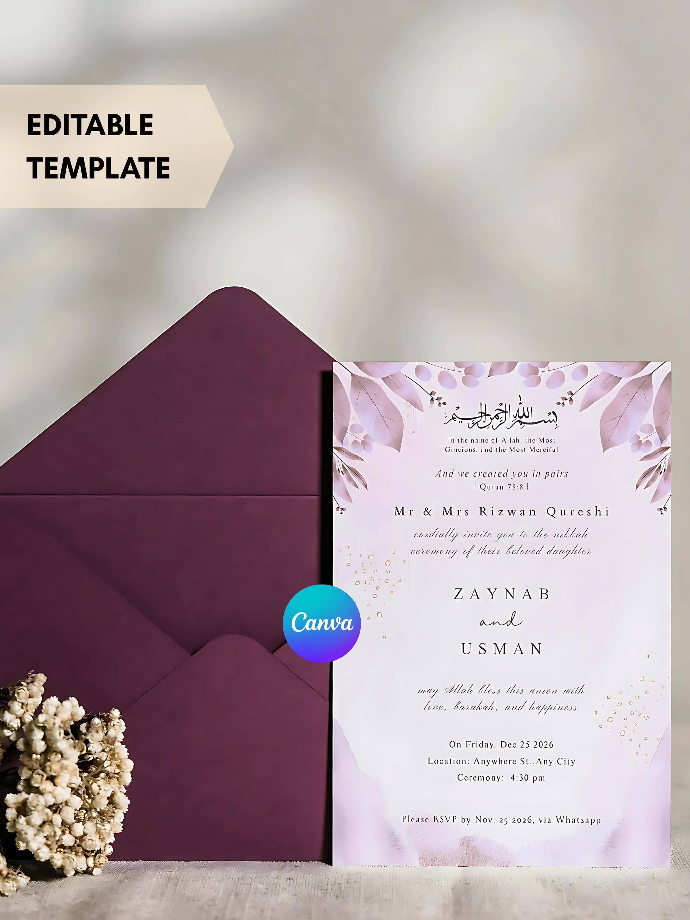 Purple Floral Nikkah Invitation, Islamic Wedding Card (Digital Download) - image 4