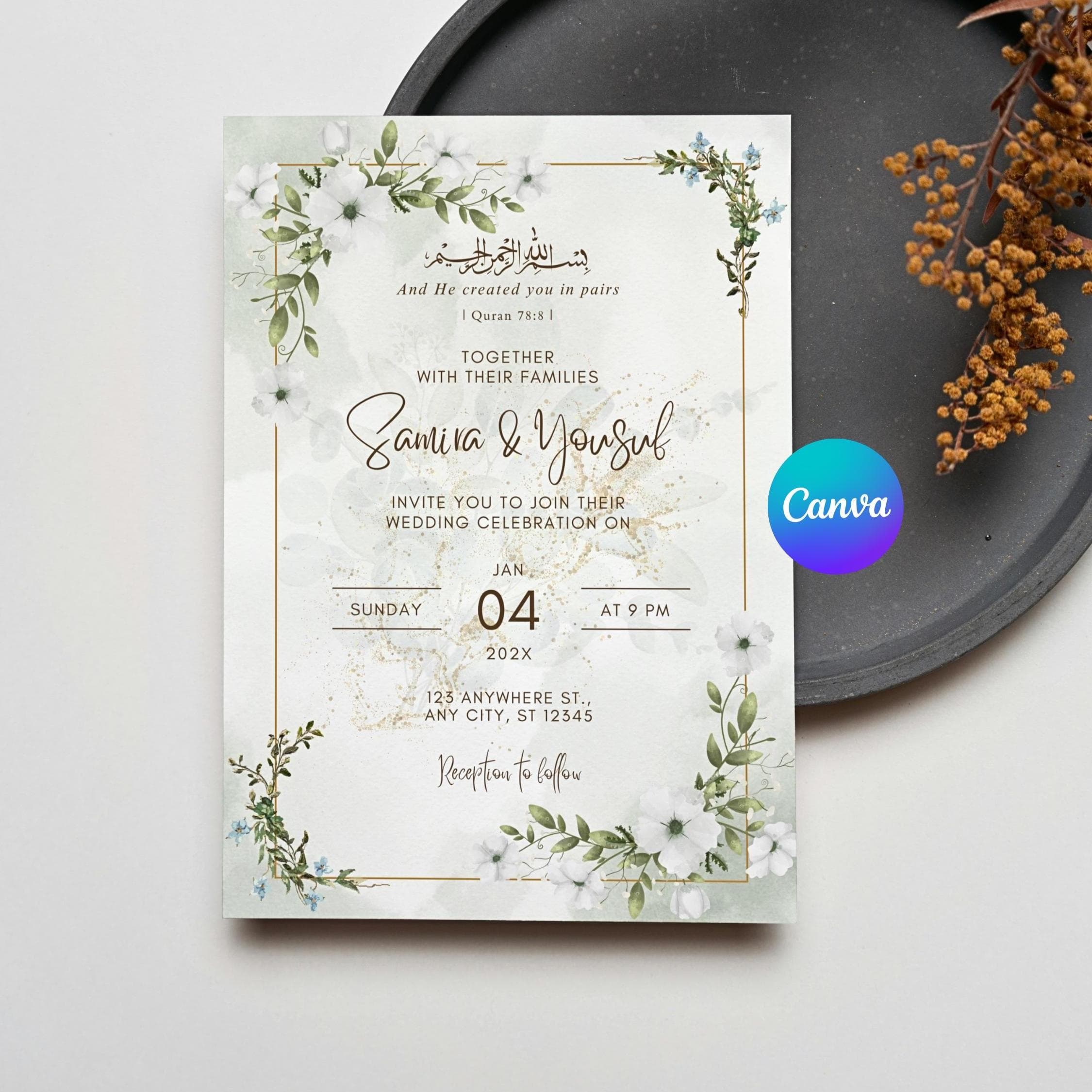 Islamic Wedding Invitation Template Nikkah Invitation Editable Muslim Wedding Invite Muslim Invitation Card Muslim Wedding Invitation Canva