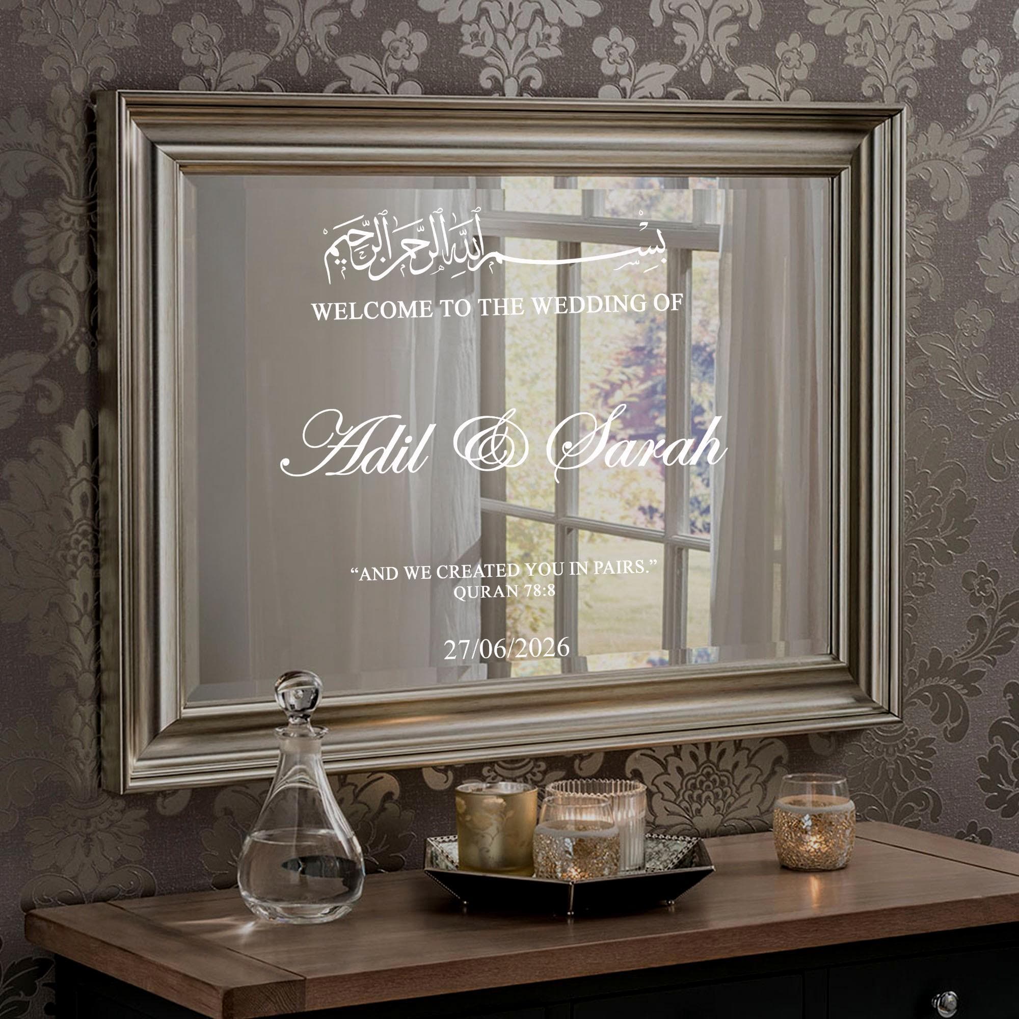 Personalised Wedding Mirror Sign Sticker: Elegant Islamic Wedding Decor Landscape Design W8